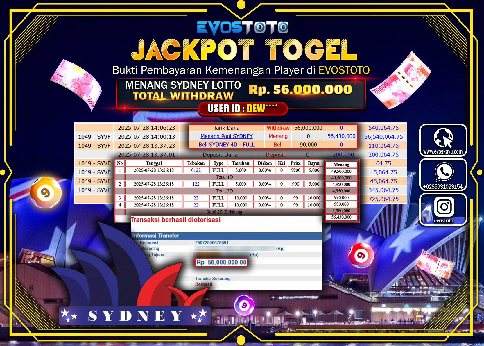 PEMBAYARAN JACKPOT TOGEL SYDNEY LOTTO  Rp56.000.000 DI BAYAR LANGSUNG !