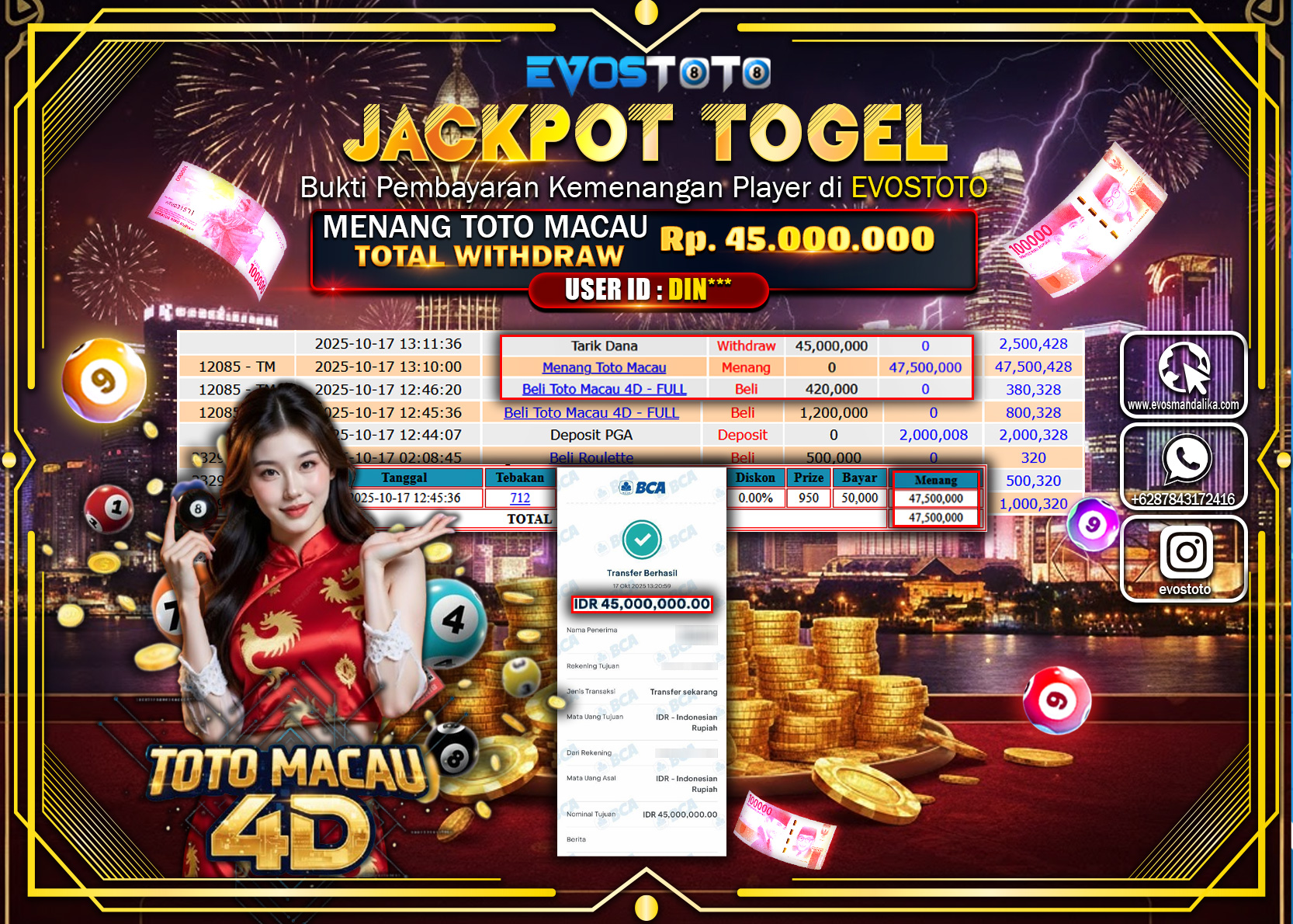 PEMBAYARAN JACKPOT TOGEL TOTO MACAU 4D  Rp45.000.000 DI BAYAR LANGSUNG !