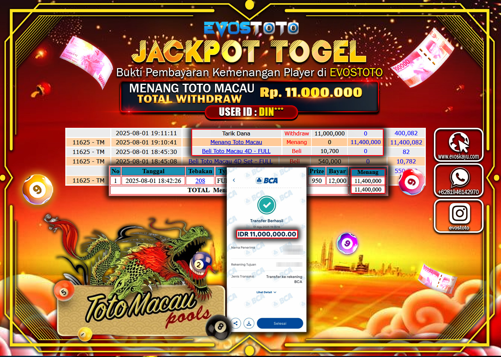 PEMBAYARAN JACKPOT TOGEL TOTO MACAU 4D Rp11.000.000 DI BAYAR LANGSUNG !