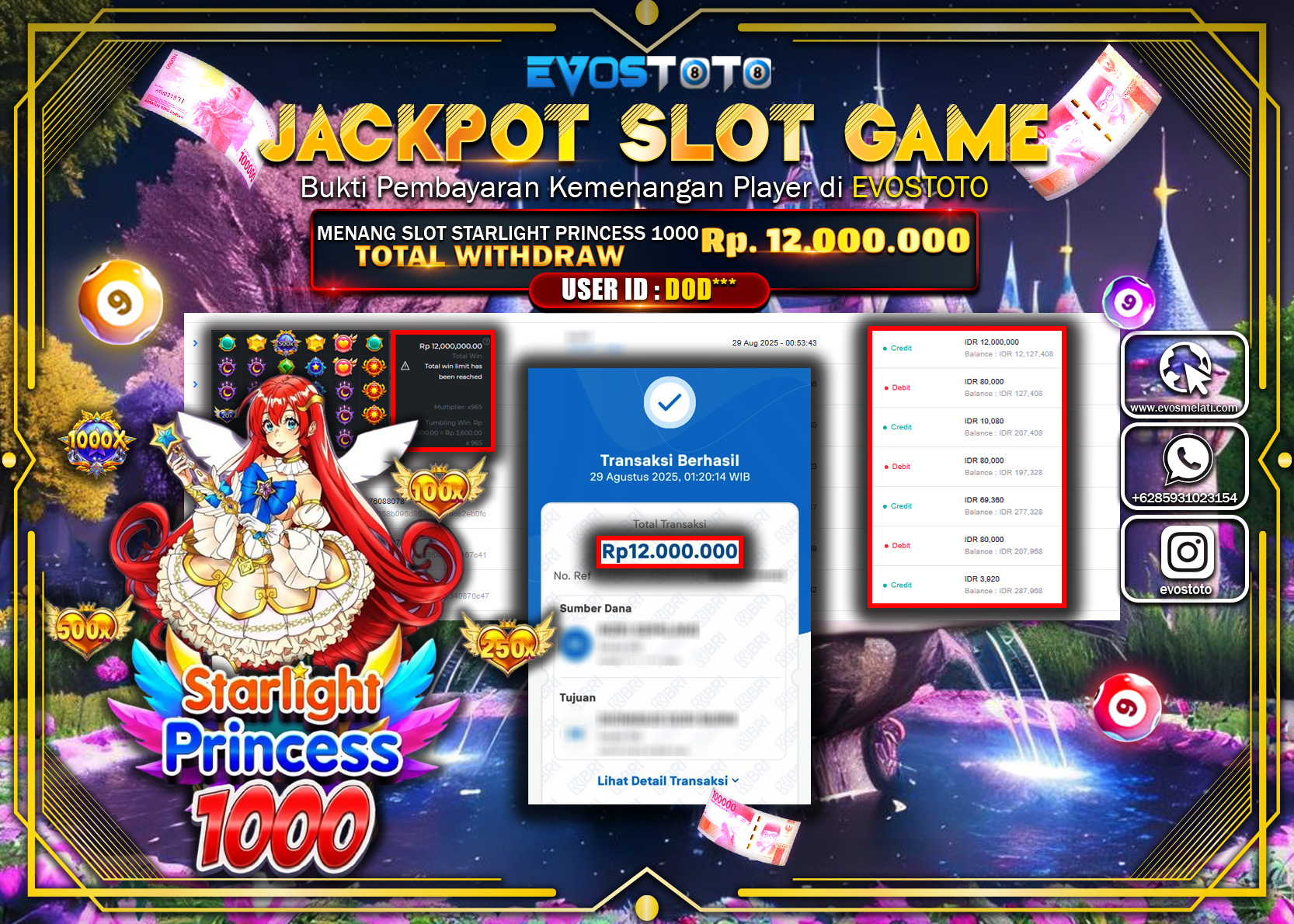 PEMBAYARAN JACKPOT SLOT STARLIGHT PRINCESS 1000  Rp.12.000.000 DI BAYAR LANGSUNG !