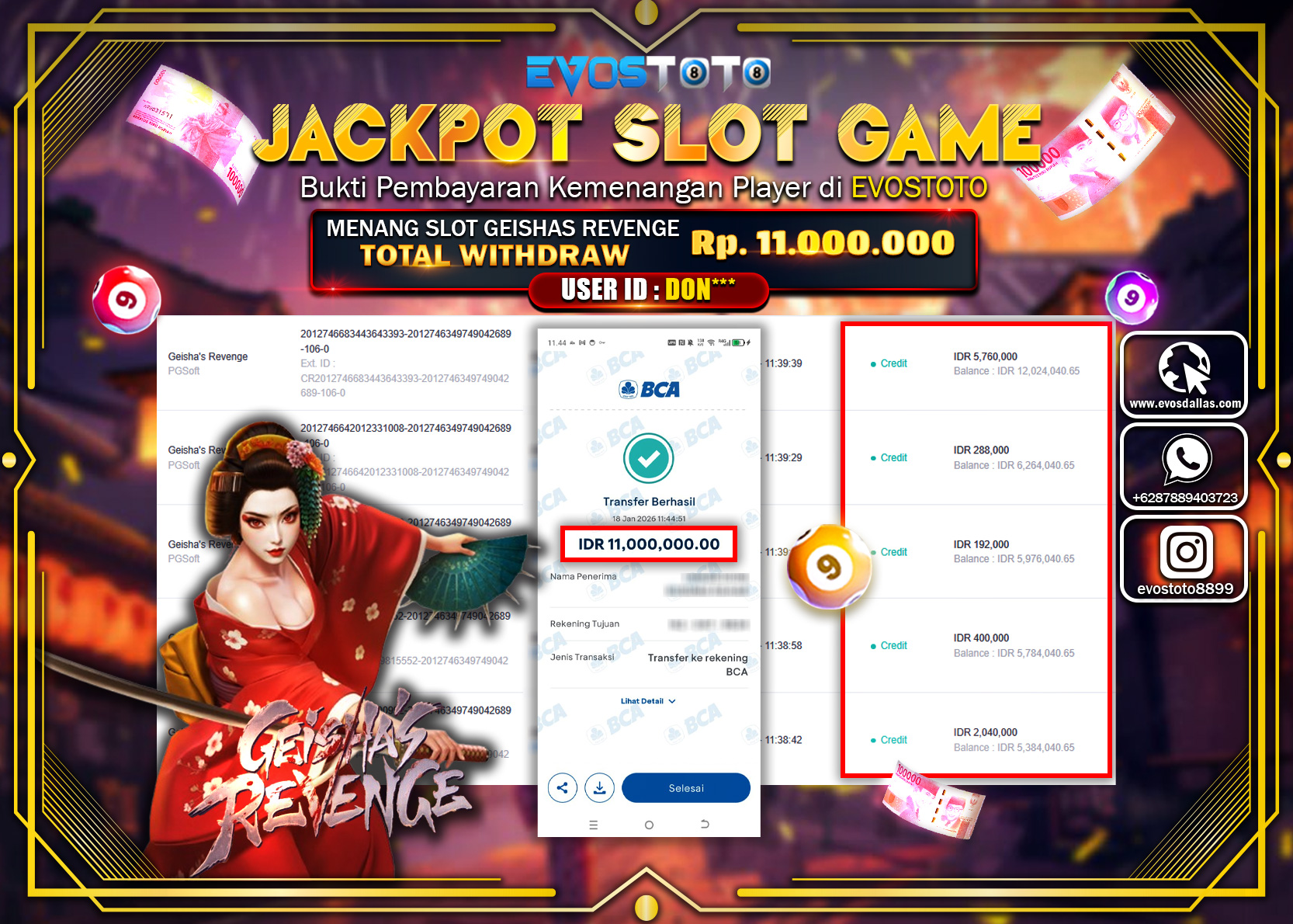 PEMBAYARAN JACKPOT SLOT GEISHAS REVENGE Rp.11.000.000 DI BAYAR LANGSUNG !