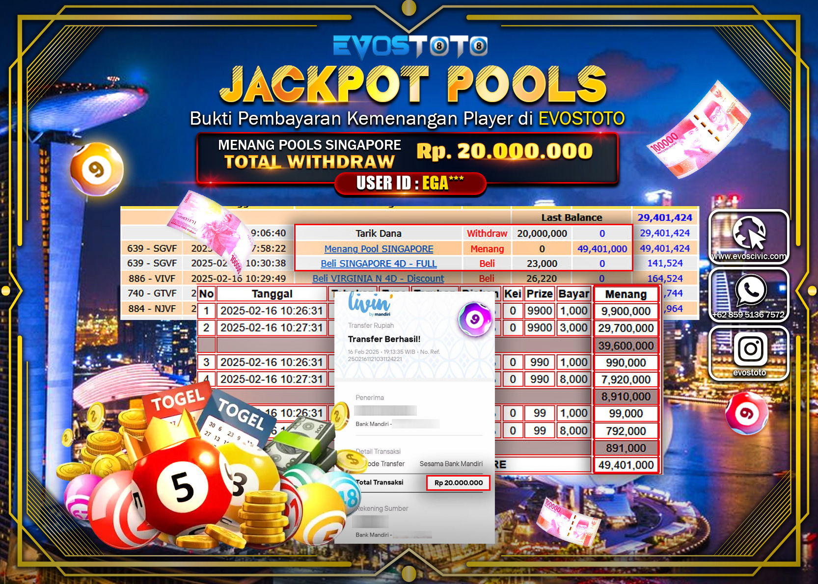 PEMBAYARAN JACKPOT POOLS SINGAPORE Rp.20.000.000 DI BAYAR LANGSUNG !