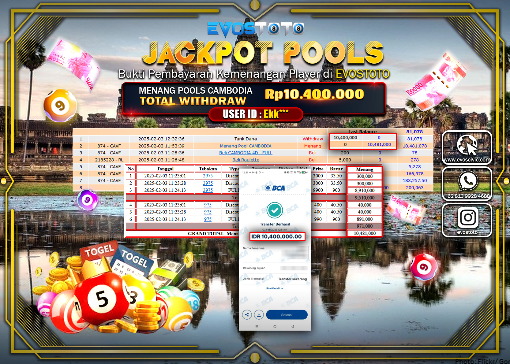 PEMBAYARAN JACKPOT POOLS CAMBODIA Rp.10.400.000 DI BAYAR LANGSUNG !