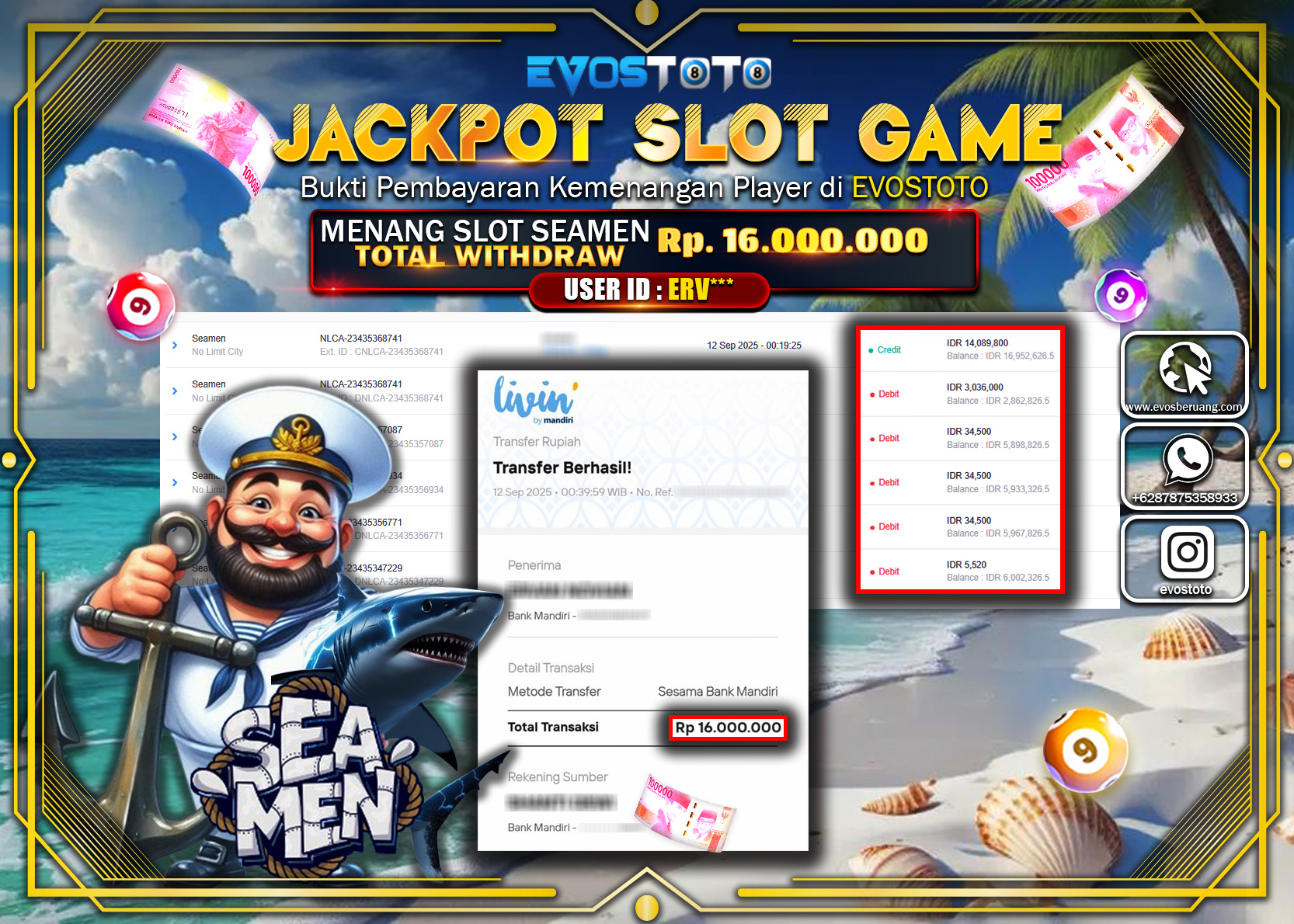 PEMBAYARAN JACKPOT SLOT SEAMEN Rp16.000.000 DI BAYAR LANGSUNG !