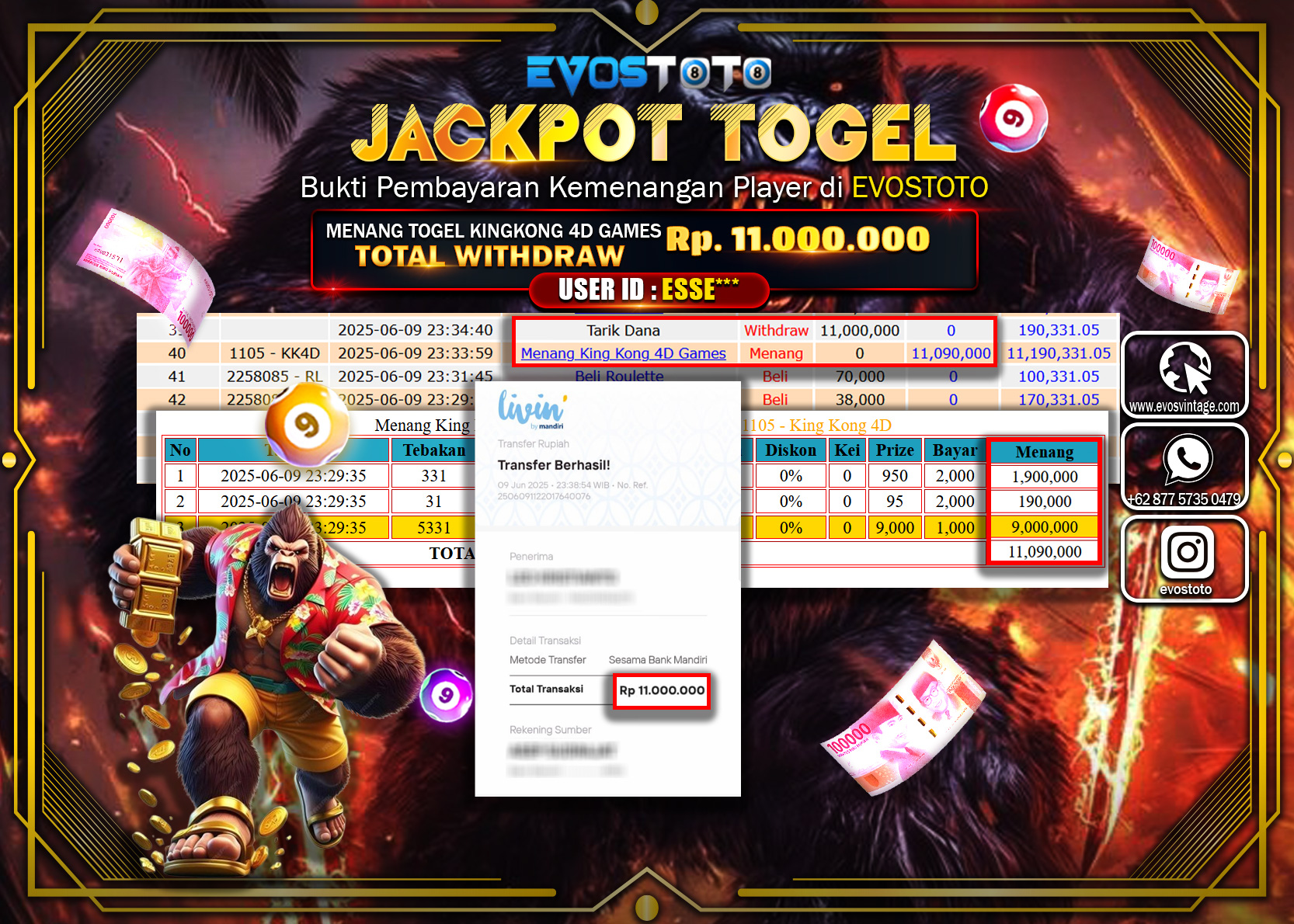 PEMBAYARAN JACKPOT TOGEL KINGKONG 4D GAMES 11.000.000 DI BAYAR LANGSUNG !