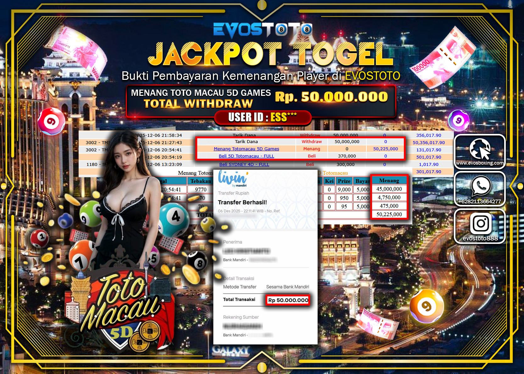 PEMBAYARAN JACKPOT TOGEL TOTO MACAU 5D GAMES Rp.50.000.000 DI BAYAR LANGSUNG !