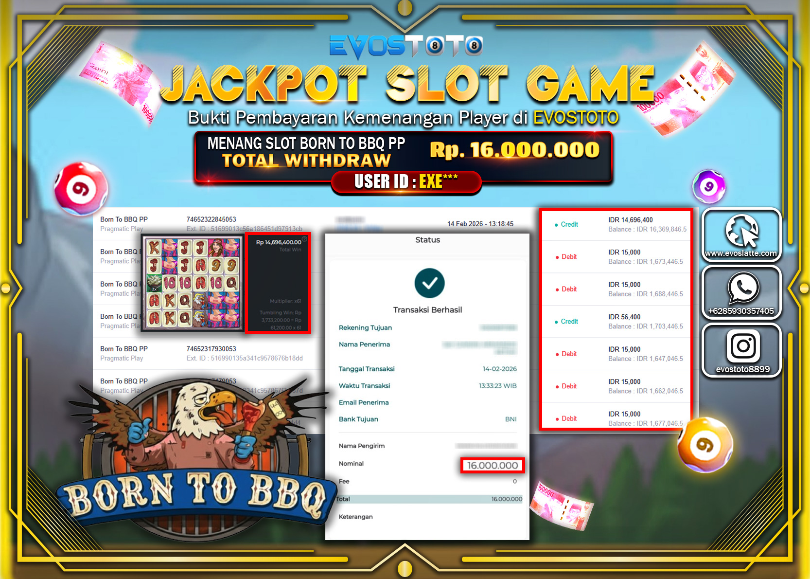 PEMBAYARAN JACKPOT SLOT BORN TO BBQ Rp.16.000.000 DI BAYAR LANGSUNG !