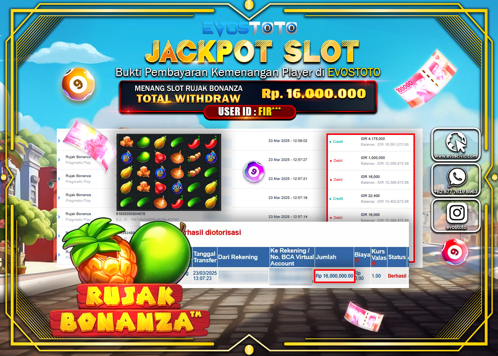 PEMBAYARAN JACKPOT SLOT RUJAK BONANZA Rp. 16.000.000 DI BAYAR LANGSUNG !