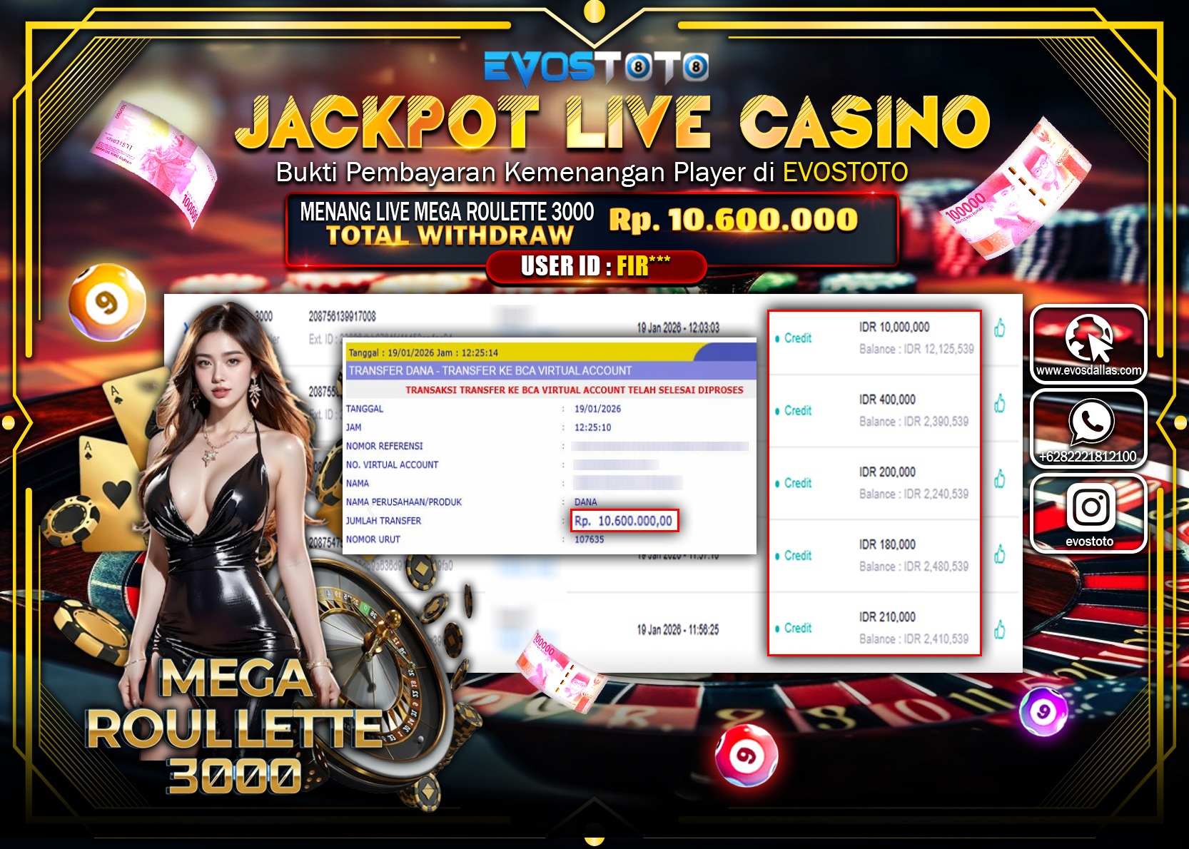 PEMBAYARAN JACKPOT LIVE CASINO MEGA ROULETTE 3000 Rp.10.600.000 DI BAYAR LANGSUNG !