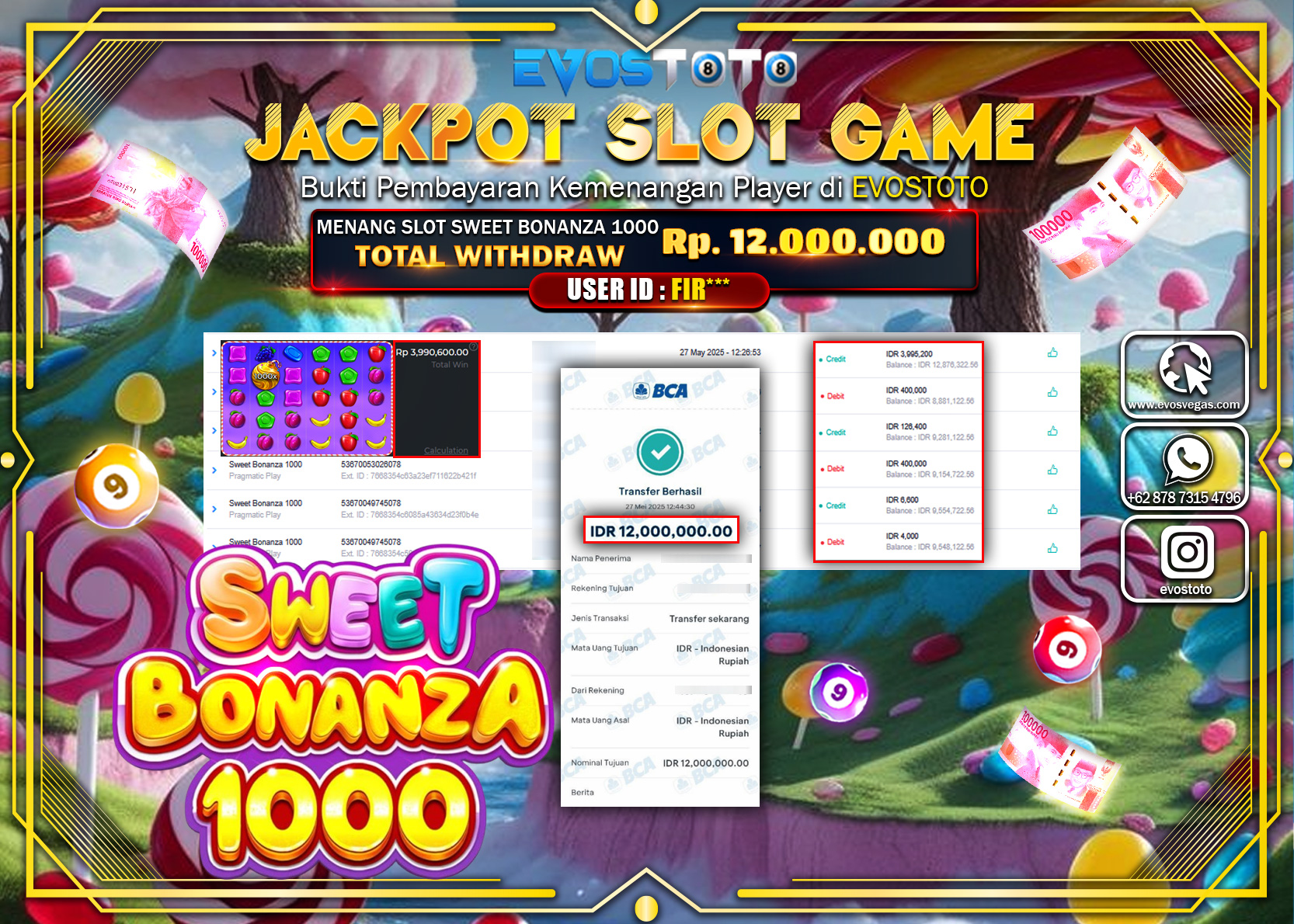 PEMBAYARAN JACKPOT SLOT SWEET BONANZA 1000 Rp12.000.000 DI BAYAR LANGSUNG !