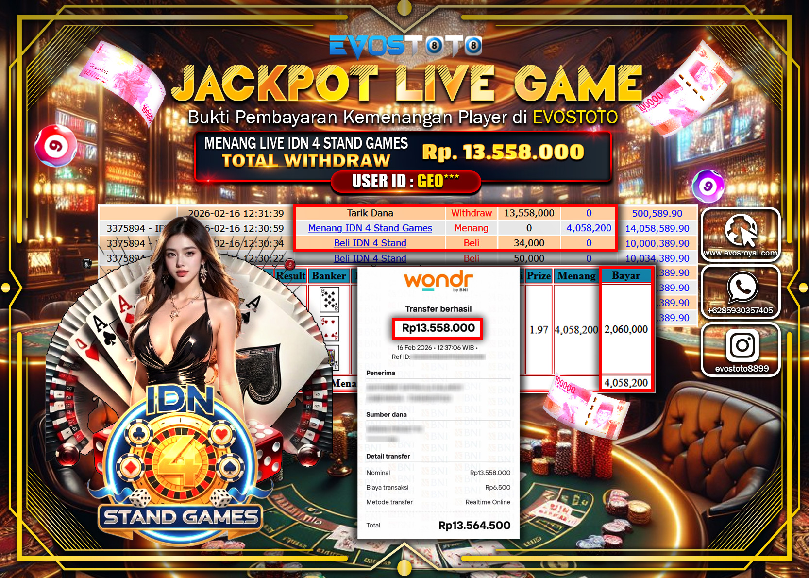 PEMBAYARAN JACKPOT LIVE GAME IDN 4 STAND GAMES Rp.13.558.000 DI BAYAR LANGSUNG !