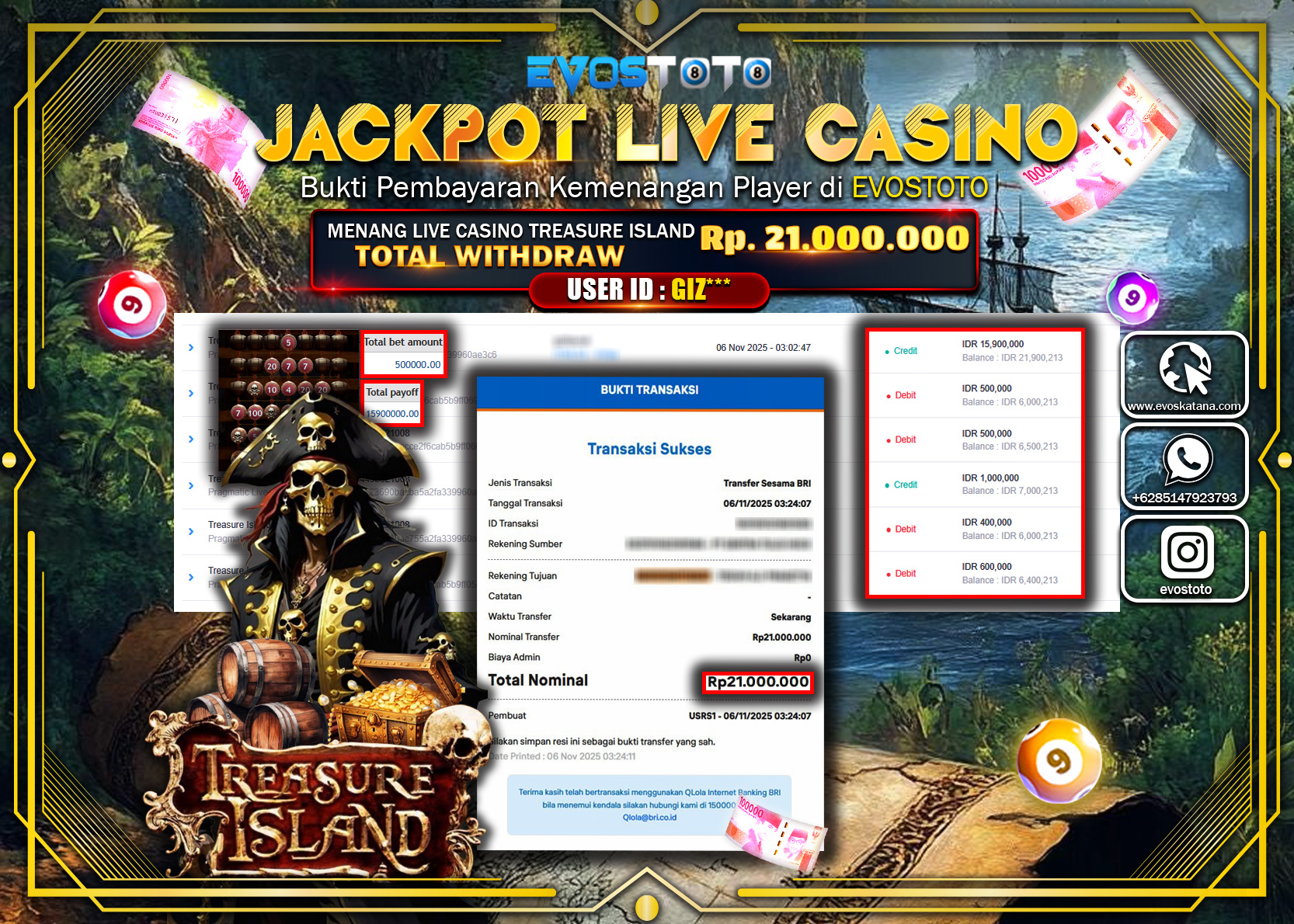 PEMBAYARAN JACKPOT LIVE GAME TREASURE ISLAND Rp21.000.000 DI BAYAR LANGSUNG !