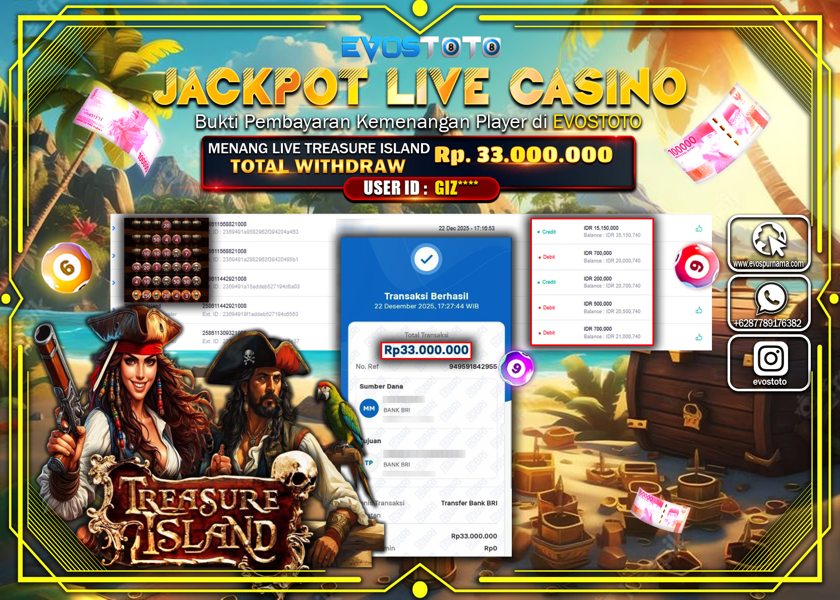 PEMBAYARAN JACKPOT LIVE CASINO TREASURE ISLAND Rp.33.000.000 DI BAYAR LANGSUNG !