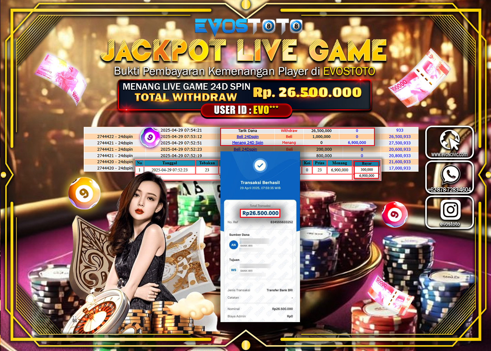 PEMBAYARAN JACKPOT LIVE GAME 24D SPIN Rp.26.500.000 DI BAYAR LANGSUNG !
