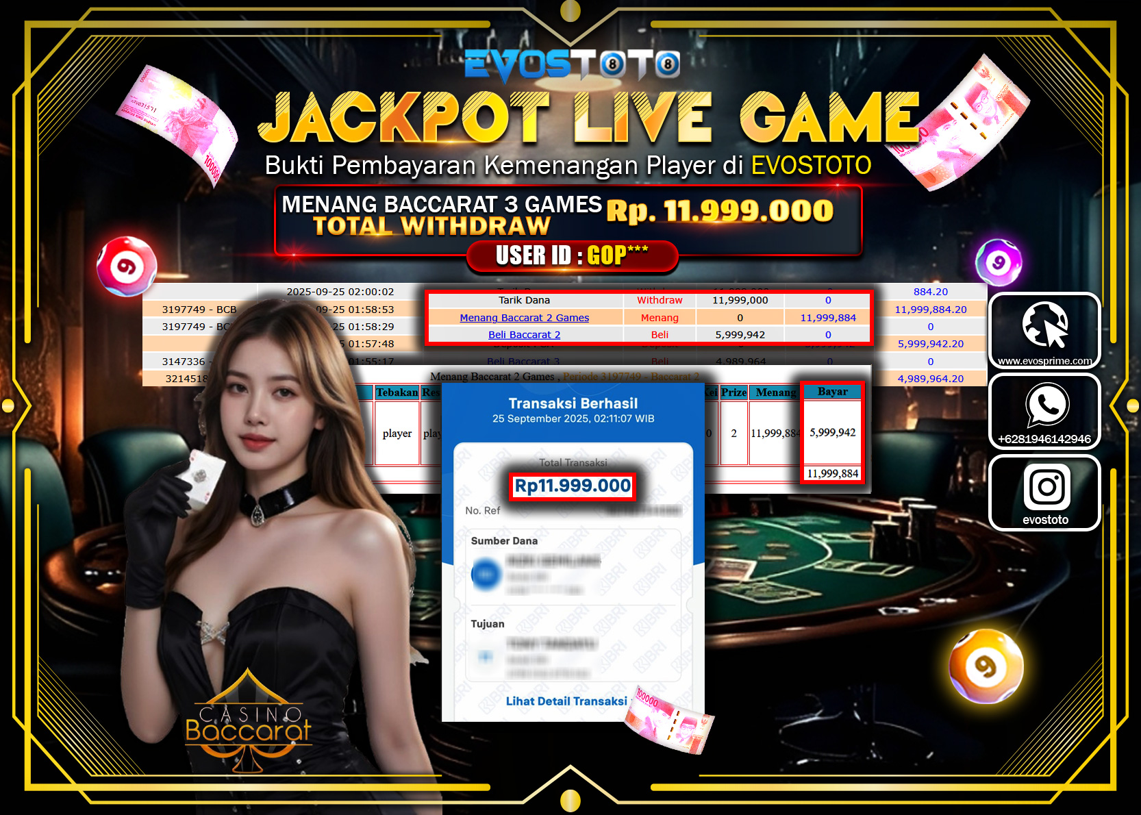 PEMBAYARAN JACKPOT LIVE GAME BACCARAT 3 GAMES Rp11.999.000 DI BAYAR LANGSUNG !