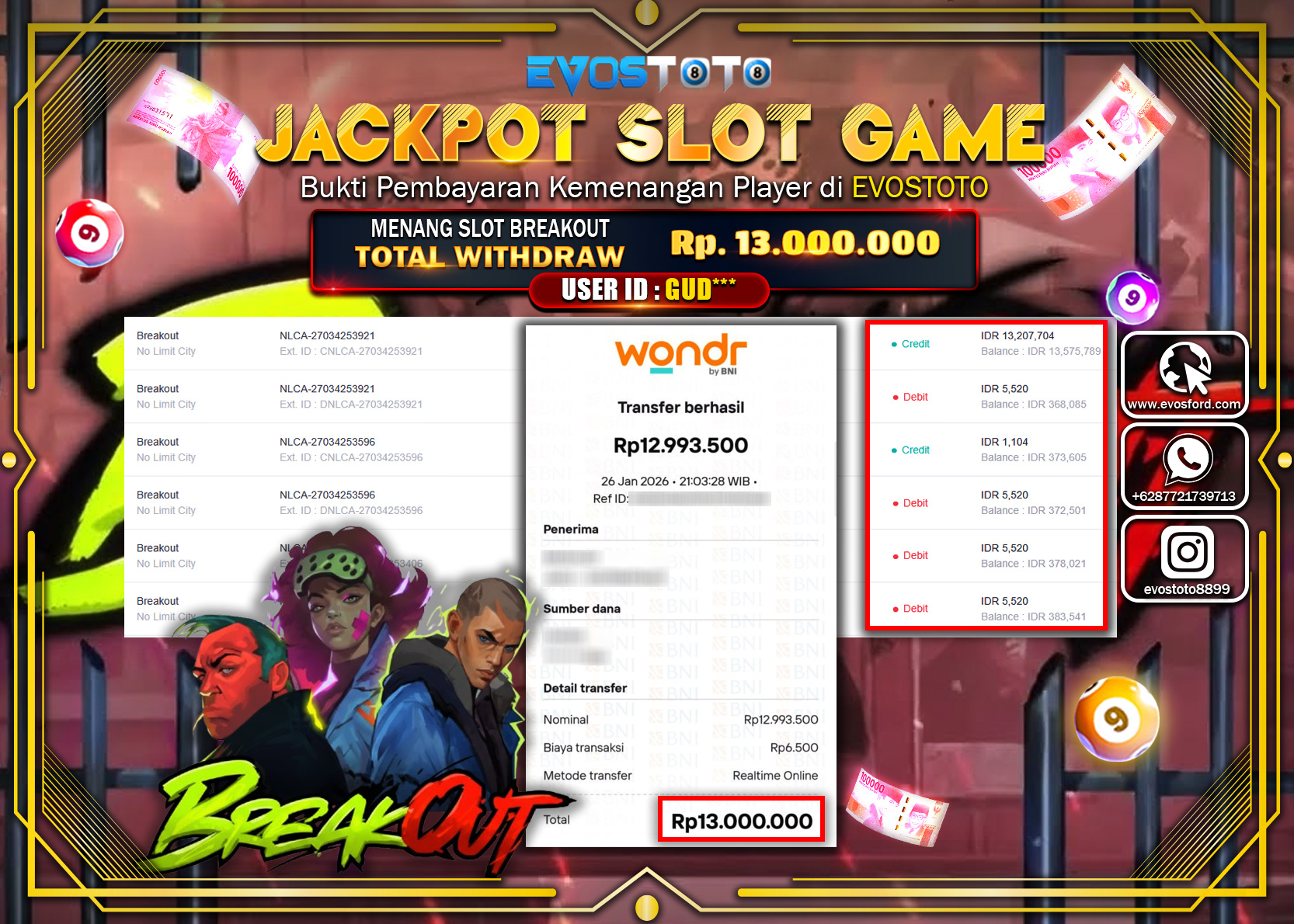 PEMBAYARAN JACKPOT SLOT BREAKOUT Rp.13.000.000 DI BAYAR LANGSUNG !
