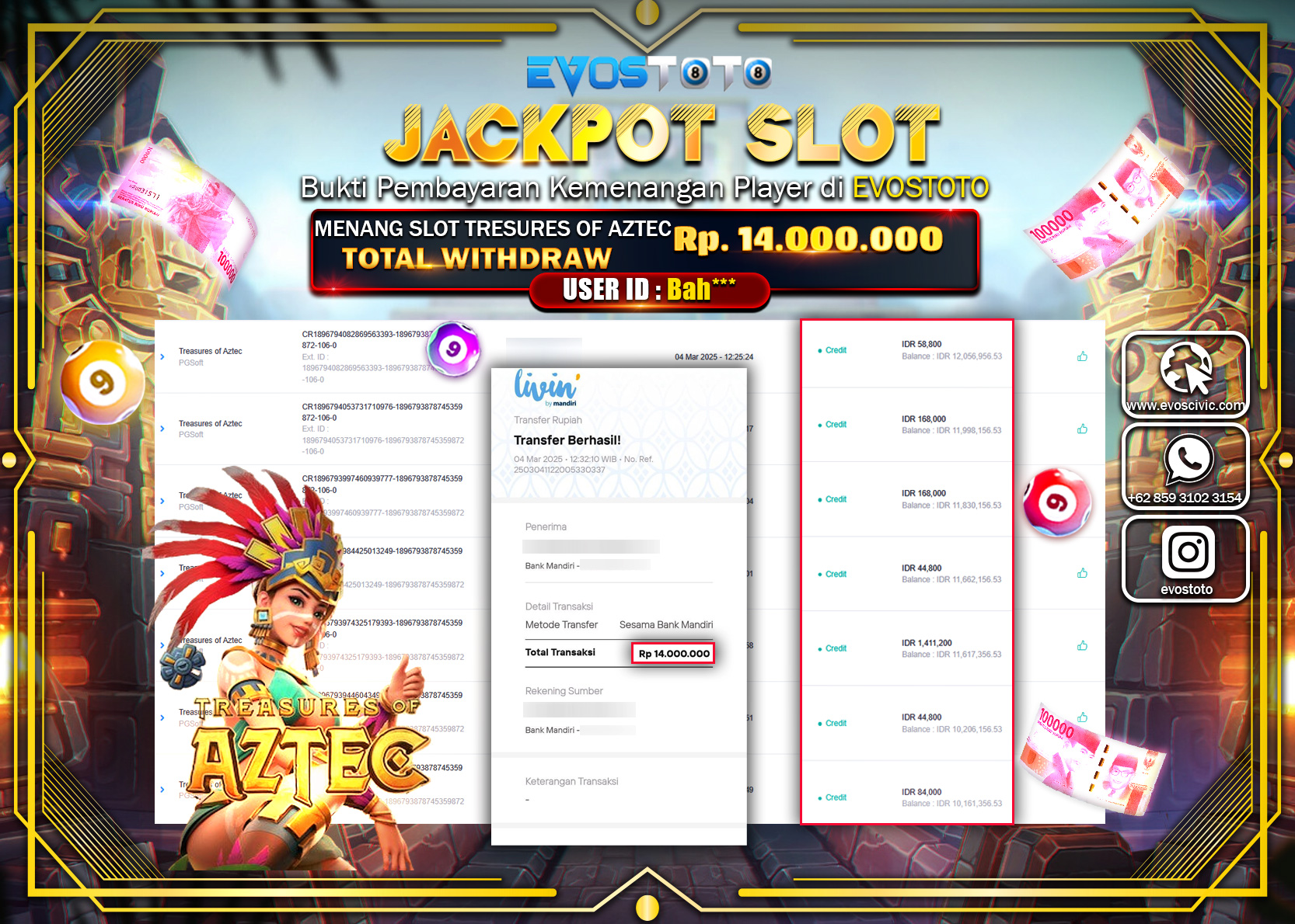 PEMBAYARAN JACKPOT SLOT TRESURES OF AZTEC Rp.14.000.000 DI BAYAR LANGSUNG !