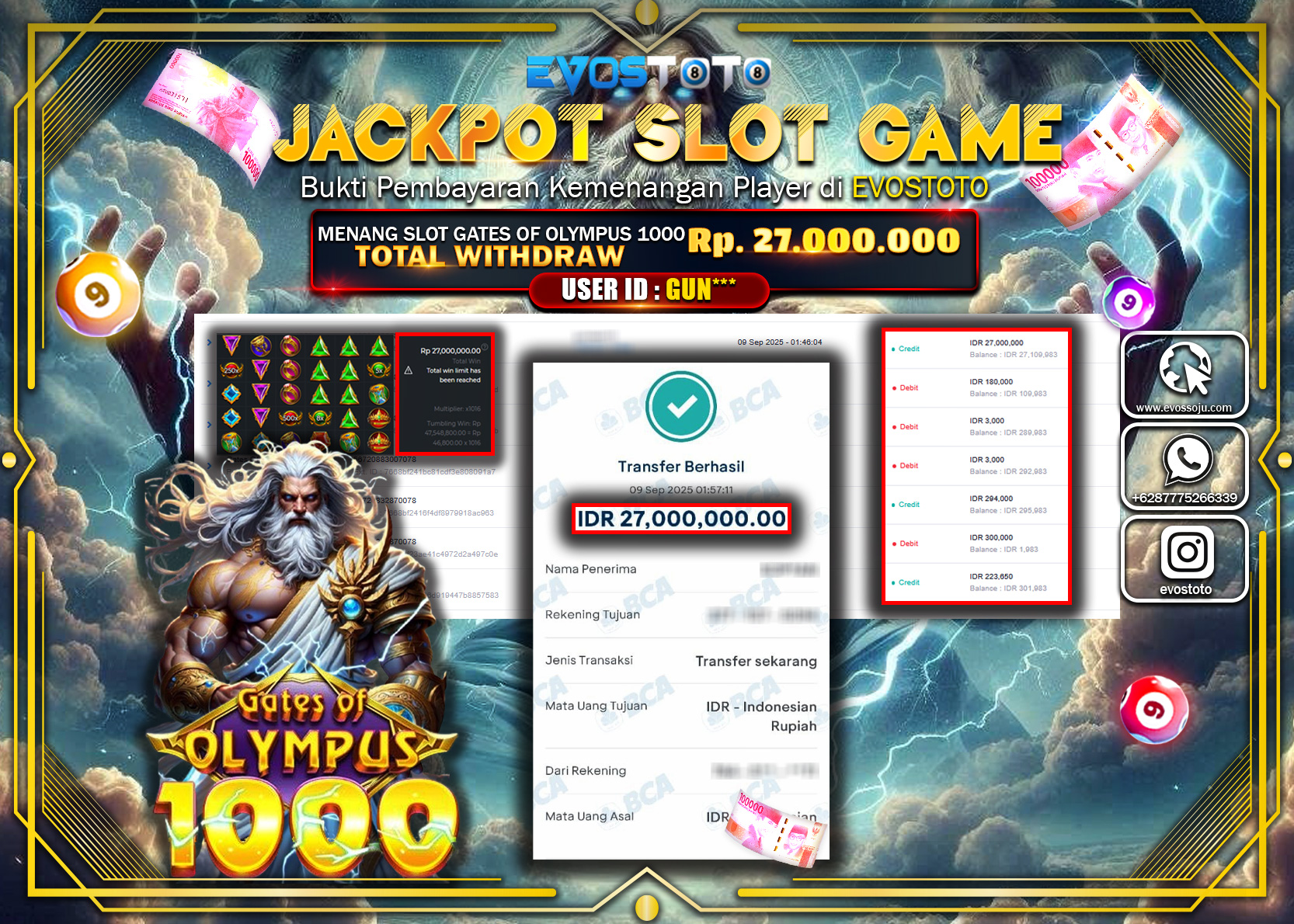 PEMBAYARAN JACKPOT SLOT GATES OF OLYMPUS 1000 Rp27.000.000 DI BAYAR LANGSUNG !