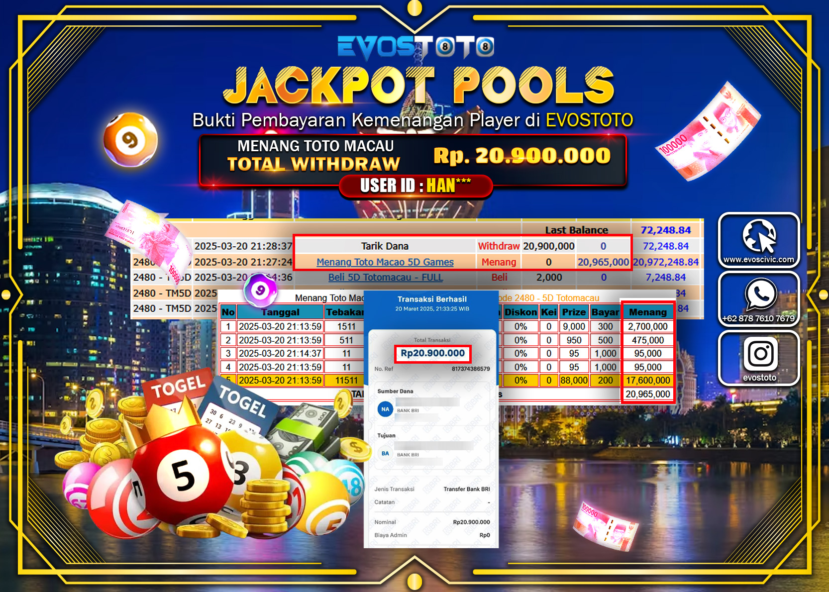 PEMBAYARAN JACKPOT POOLS TOTO MACAU 5D Rp.20.900.000 DI BAYAR LANGSUNG !