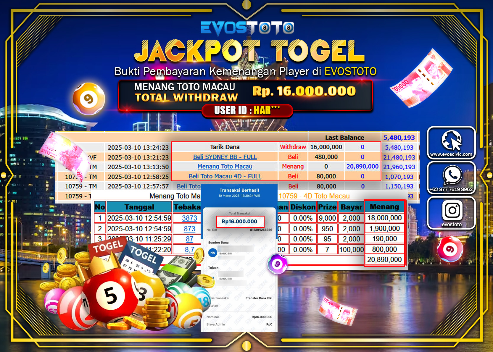 PEMBAYARAN JACKPOT POOLS TOTO MACAU 4D Rp.16.000.000 DI BAYAR LANGSUNG !