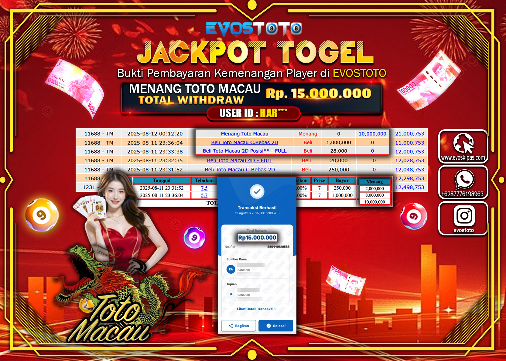 PEMBAYARAN JACKPOT TOGEL MENANG TOTO MACAU 4D Rp15.000.000 DI BAYAR LANGSUNG !