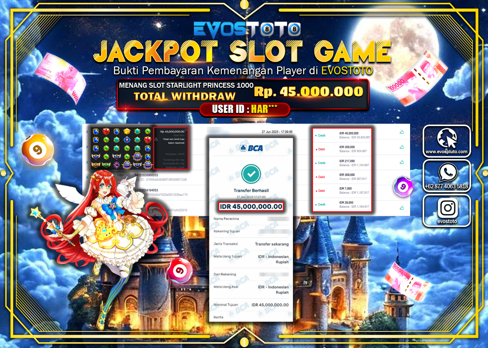 PEMBAYARAN JACKPOT SLOT STARLIGHT PRINCESS 1000 RP45.000.000 DI BAYAR LANGSUNG !