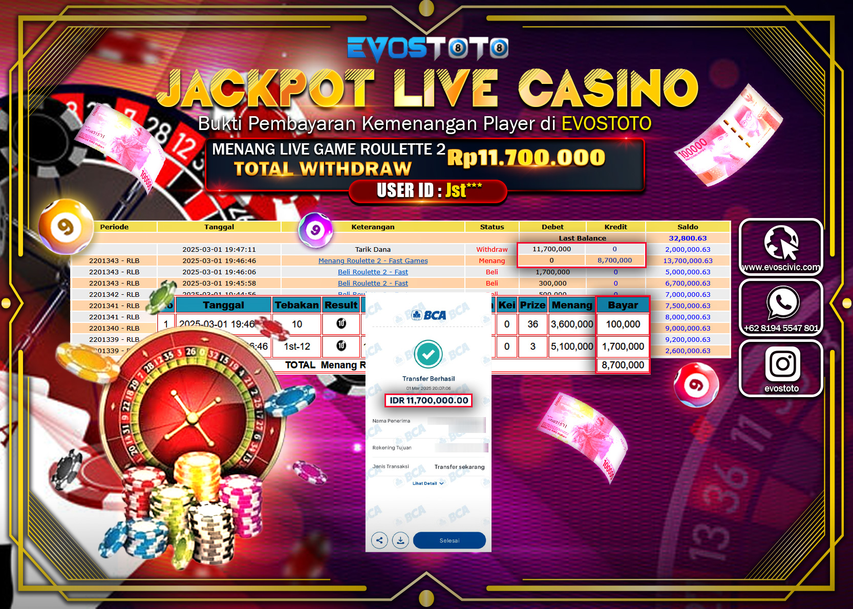 PEMBAYARAN JACKPOT LIVE GAME ROULETTE 2  Rp.11.700.000 DI BAYAR LANGSUNG !