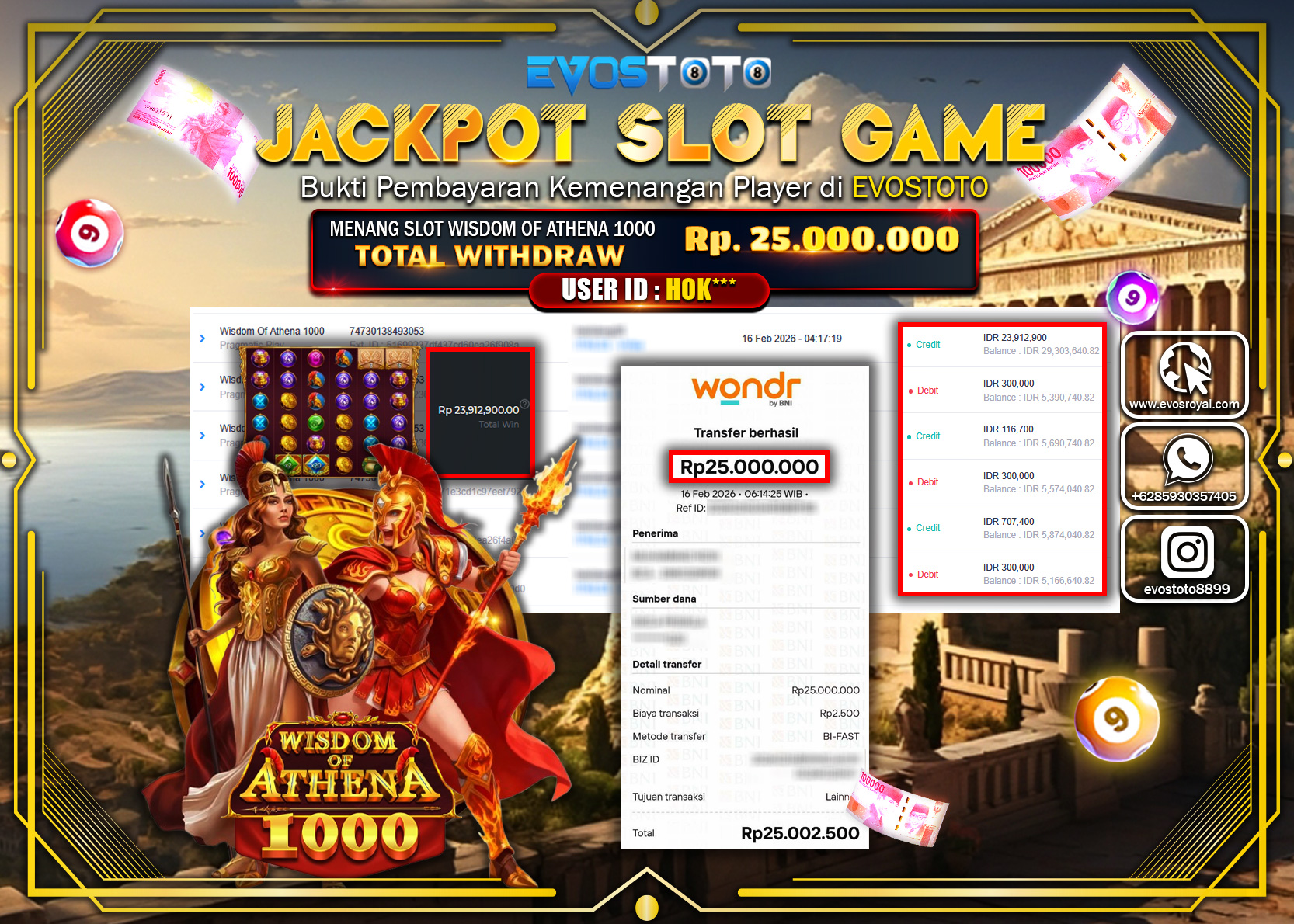 PEMBAYARAN JACKPOT SLOT WISDOM OF ATHENA 1000 Rp.25.000.000 DI BAYAR LANGSUNG !