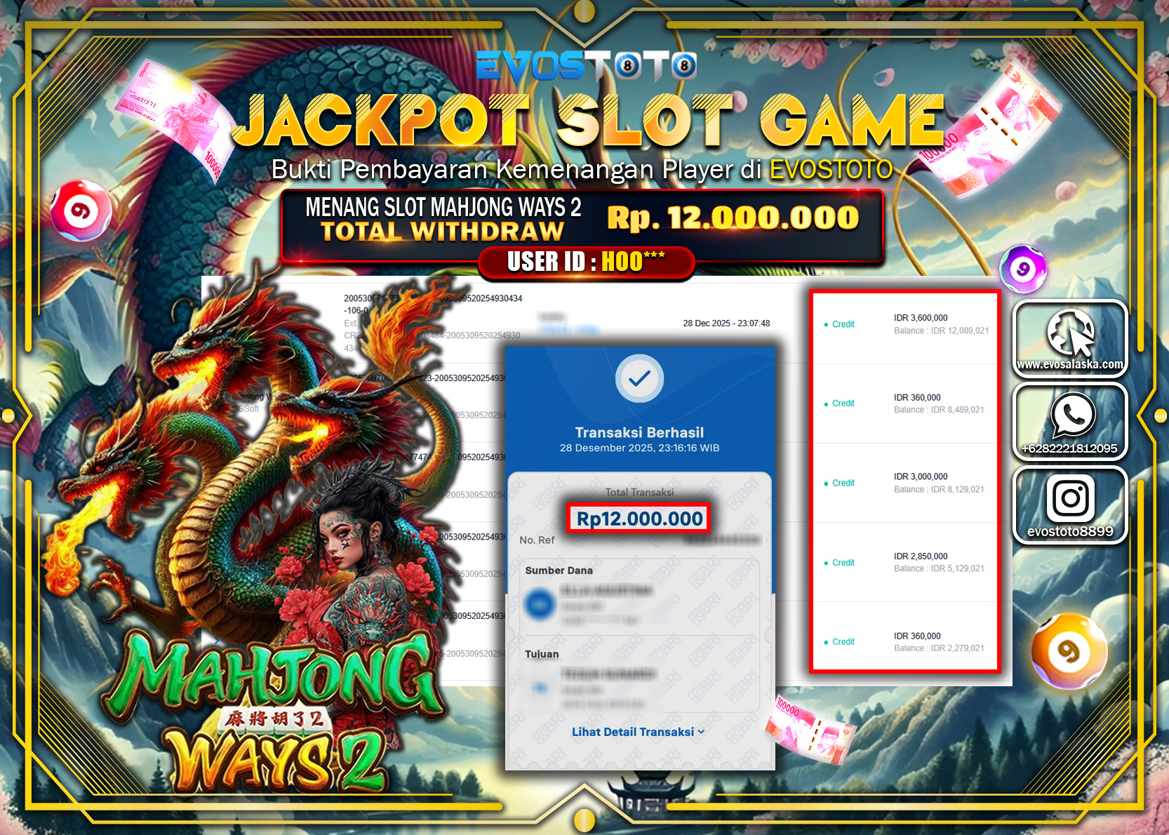 PEMBAYARAN JACKPOT SLOT MAHJONG WAYS 2 Rp.12.000.000 DI BAYAR LANGSUNG !