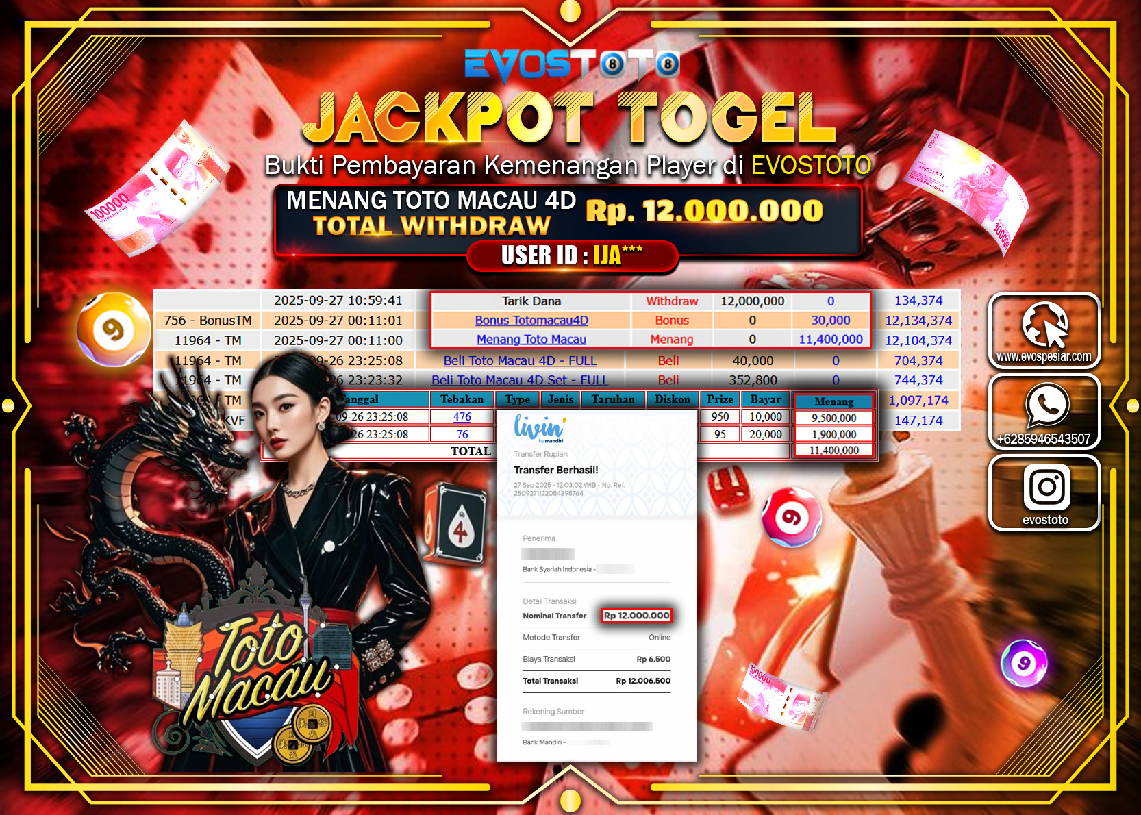 PEMBAYARAN JACKPOT TOGEL TOTO MACAU 4D Rp12.000.000 DI BAYAR LANGSUNG !