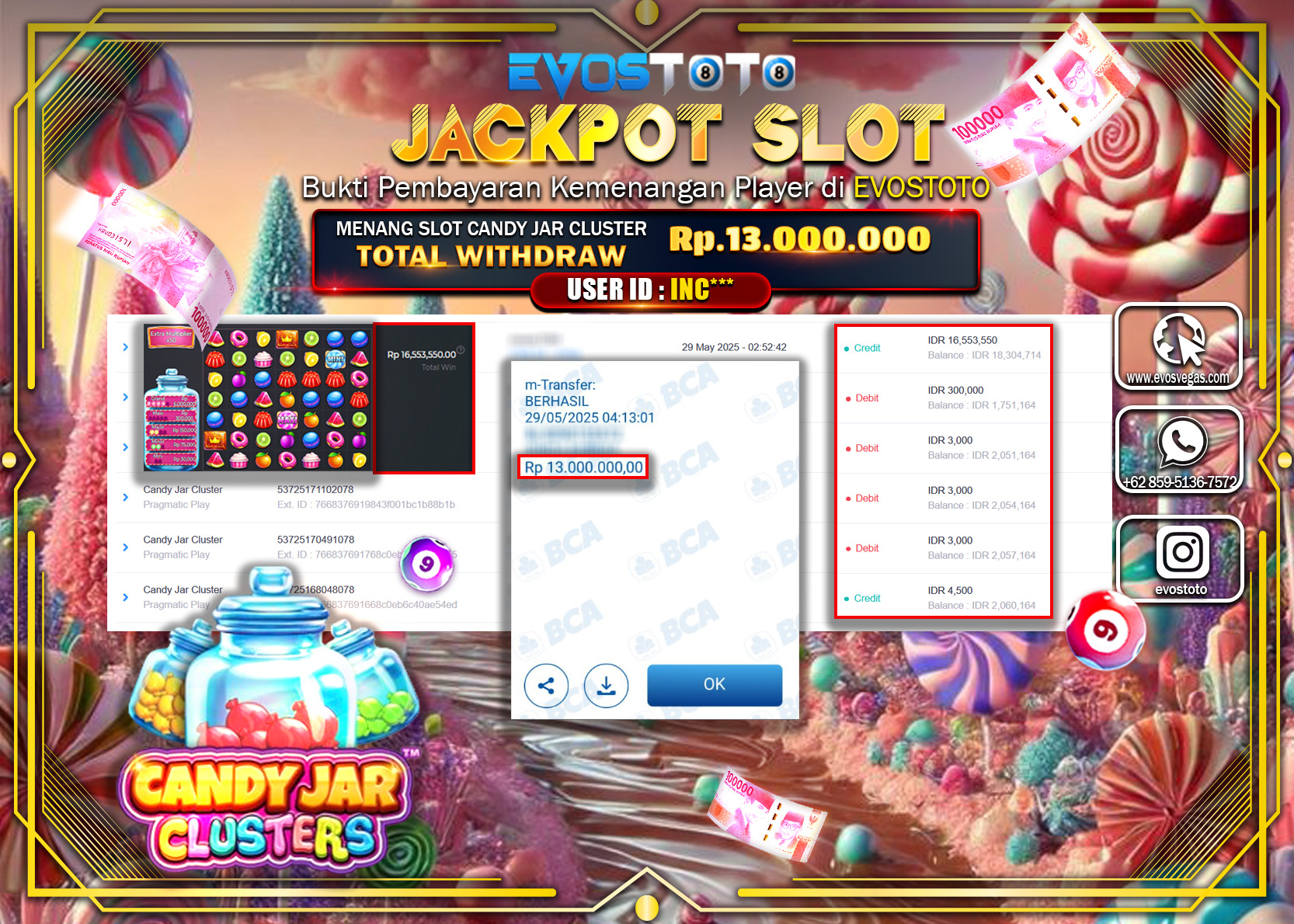 PEMBAYARAN JACKPOT SLOT CANDY JAR CLUSTER Rp13.000.000 DI BAYAR LANGSUNG !