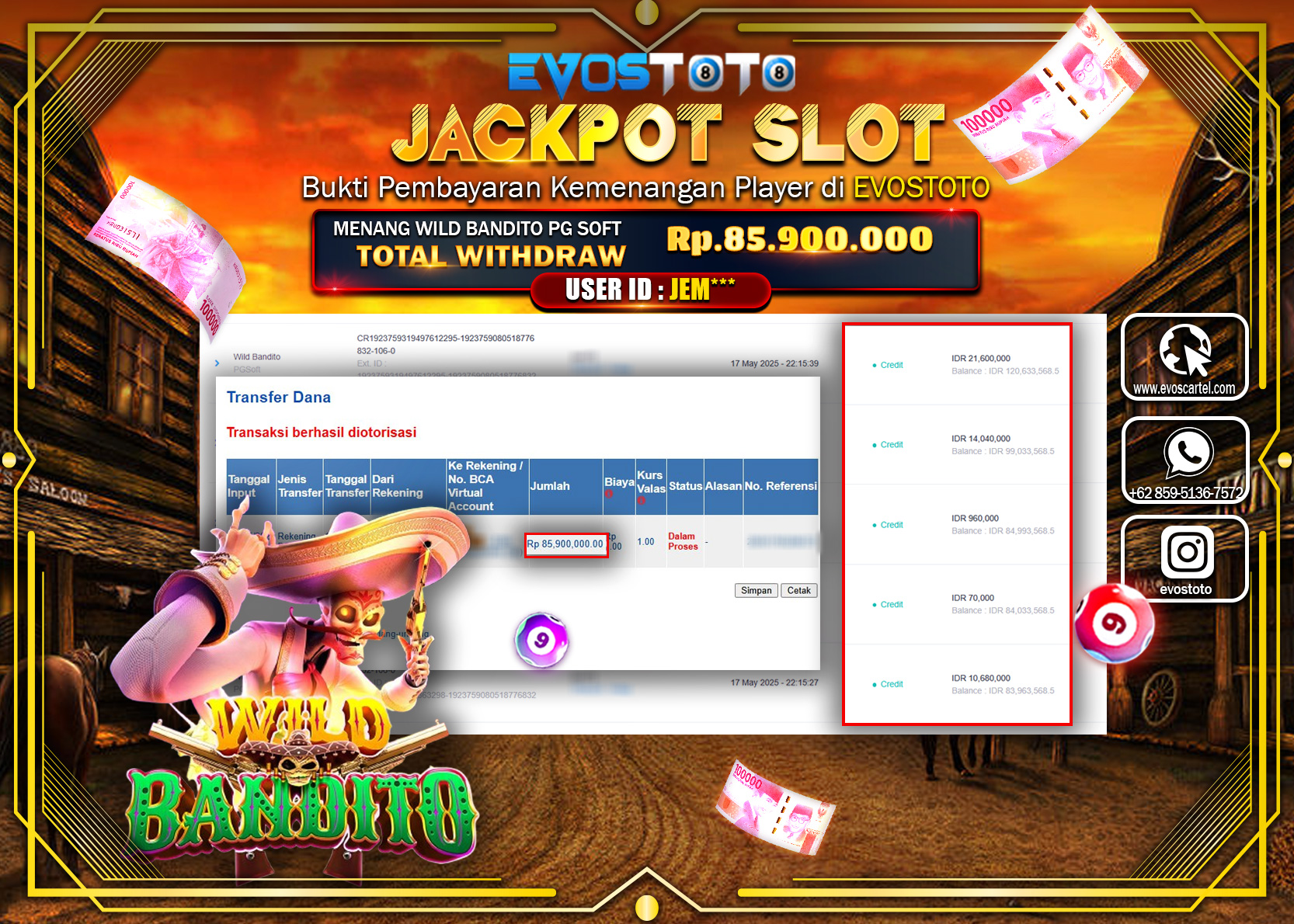 PEMBAYARAN JACKPOT SLOT WILD BANDITO Rp85.900.000 DI BAYAR LANGSUNG !