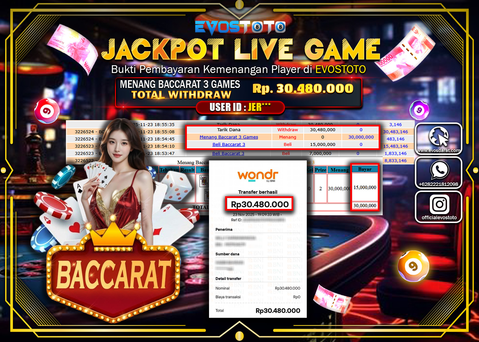 PEMBAYARAN JACKPOT LIVE GAME BACCARAT 3 GAMES Rp.30.480.000 DI BAYAR LANGSUNG !