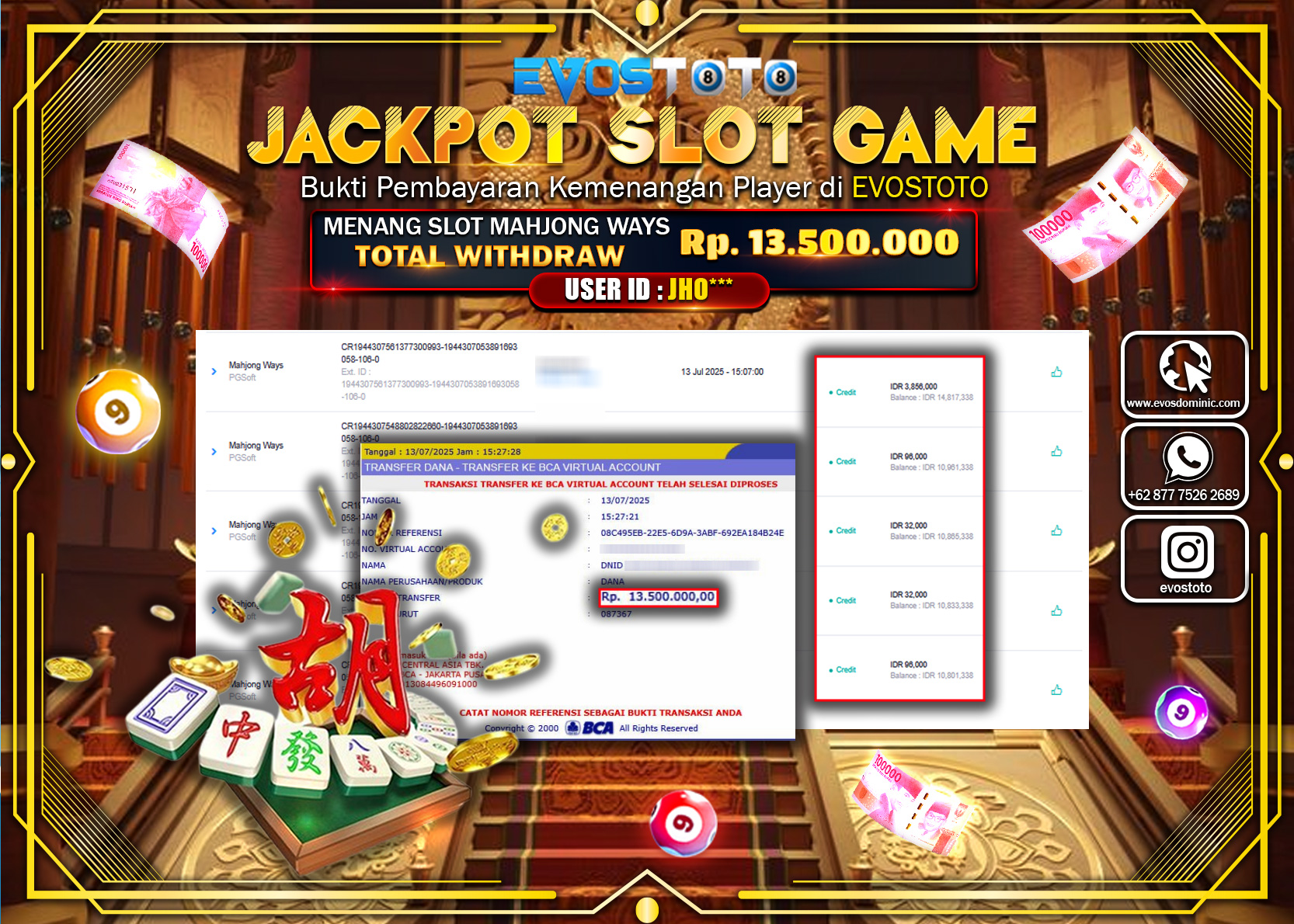 PEMBAYARAN JACKPOT SLOT MAHJONG WAYS RP13.500.000 DI BAYAR LANGSUNG !