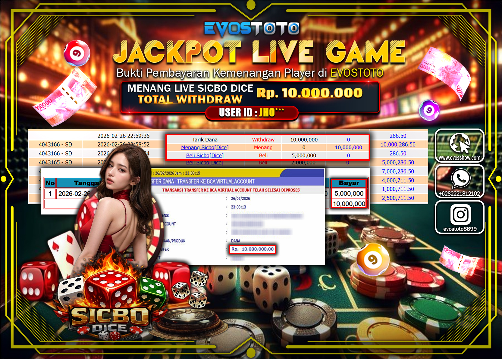 PEMBAYARAN JACKPOT LIVE SICBO DICE Rp.10.000.000 DI BAYAR LANGSUNG !