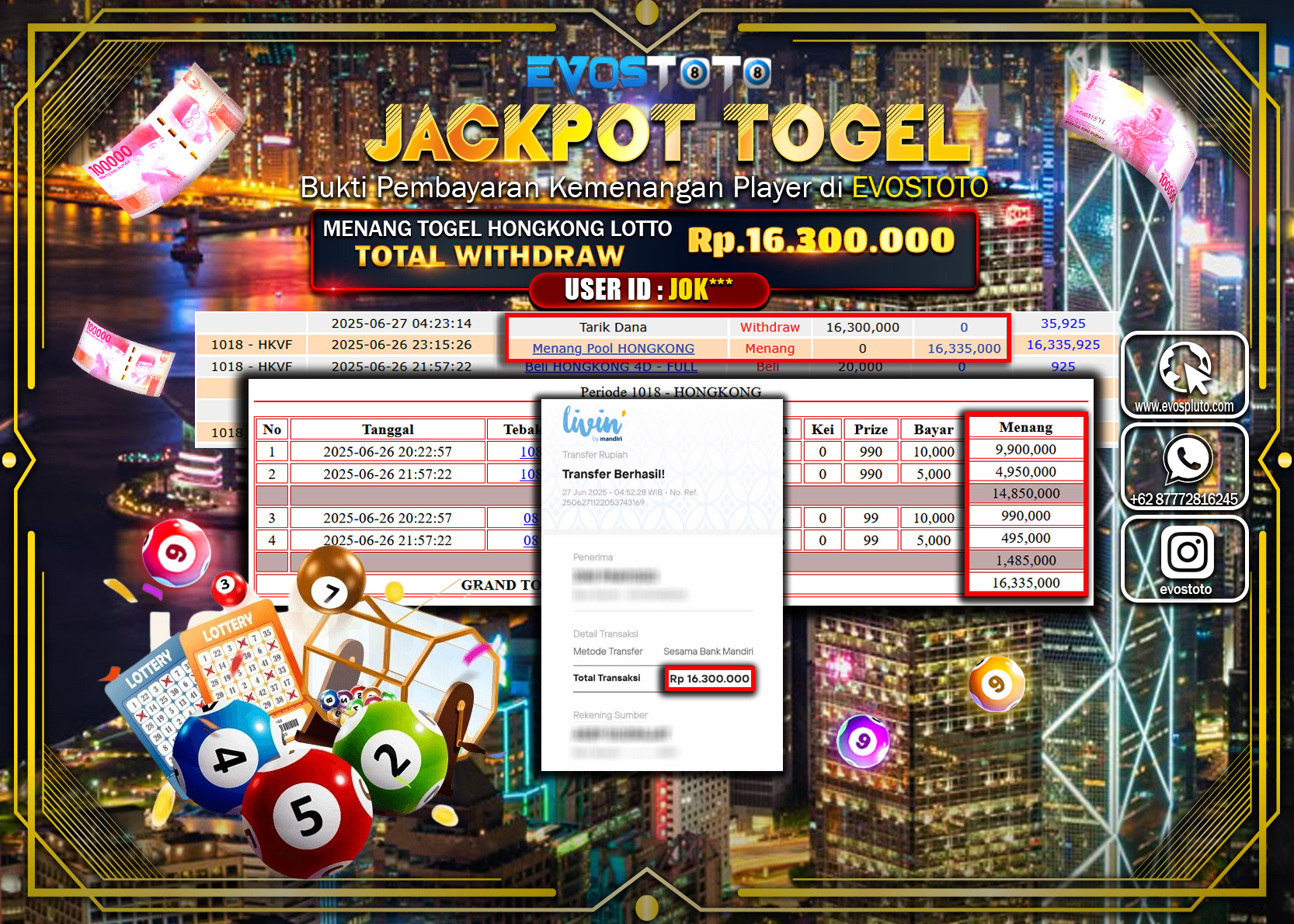 PEMBAYARAN JACKPOT TOGEL HONGKONG LOTTO RP16.300.000 DI BAYAR LANGSUNG !
