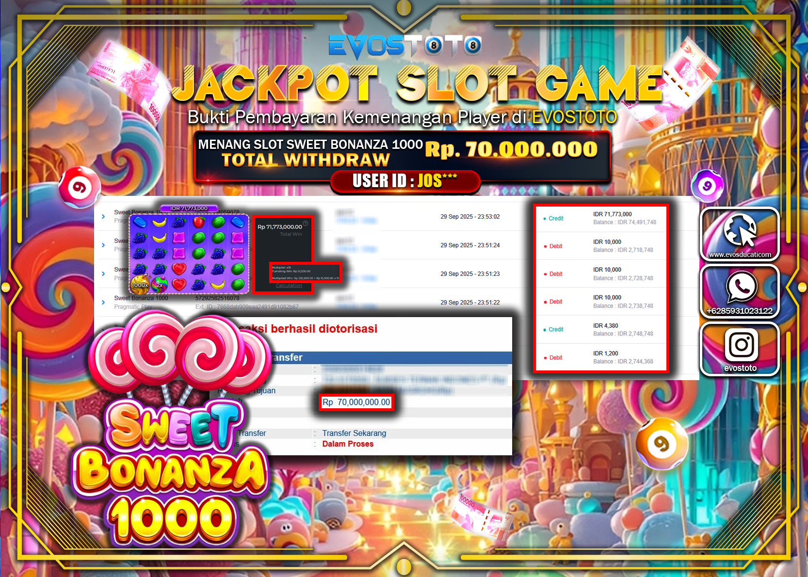 PEMBAYARAN JACKPOT SLOT SWEET BONANZA 1000 Rp70.000.000 DI BAYAR LANGSUNG !