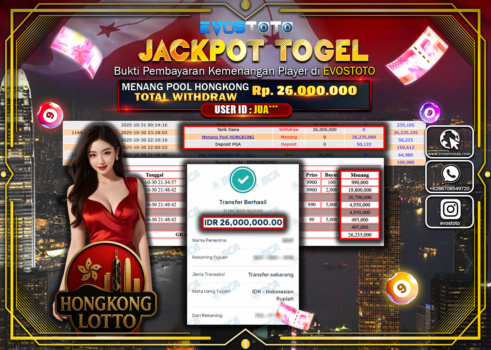 PEMBAYARAN JACKPOT TOGEL HONGKONG LOTTO Rp26.000.000 DI BAYAR LANGSUNG !