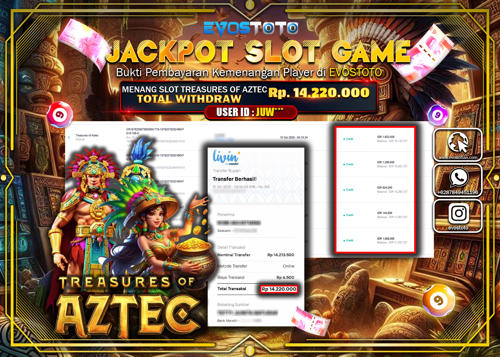 PEMBAYARAN JACKPOT SLOT TREASURES OF AZTEC Rp14.220.000 DI BAYAR LANGSUNG !