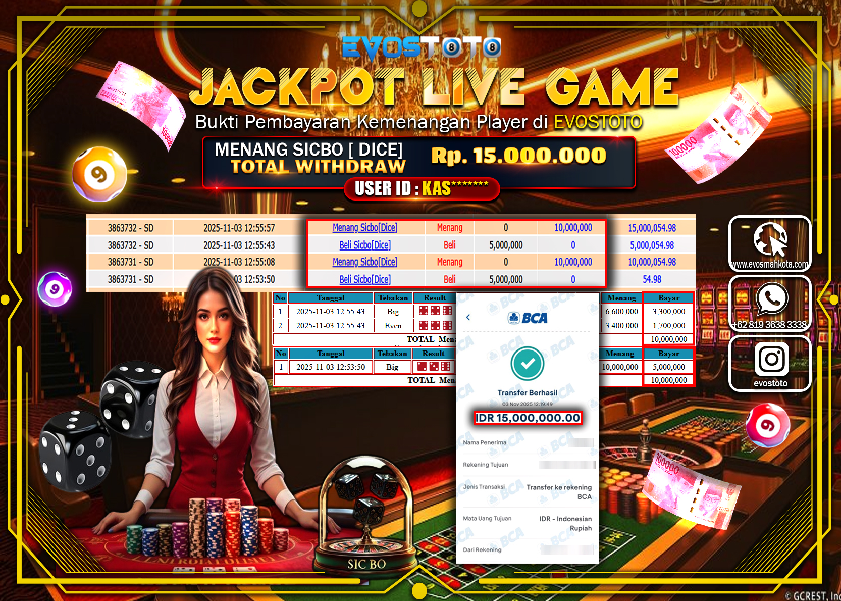 PEMBAYARAN JACKPOT LIVE GAME SICBO DICE Rp15.000.000 DI BAYAR LANGSUNG !