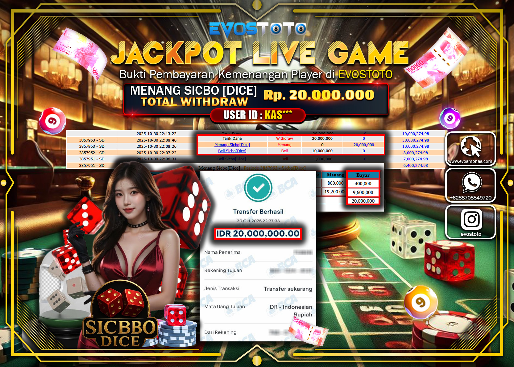 PEMBAYARAN JACKPOT LIVE GAME SICBO DICE Rp20.000.000 DI BAYAR LANGSUNG !