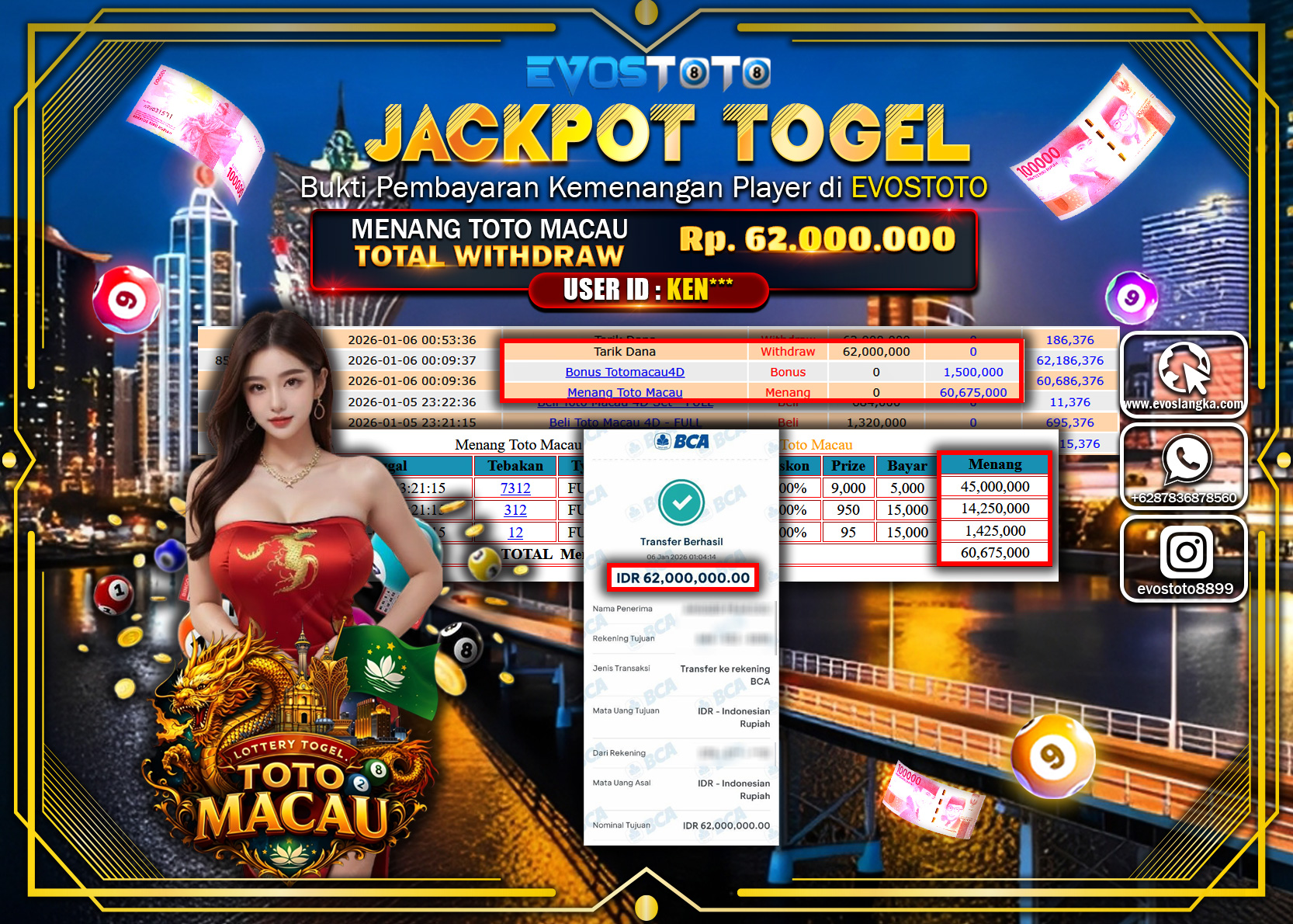 PEMBAYARAN JACKPOT TOGEL TOTO MACAU Rp.62.000.000 DI BAYAR LANGSUNG !