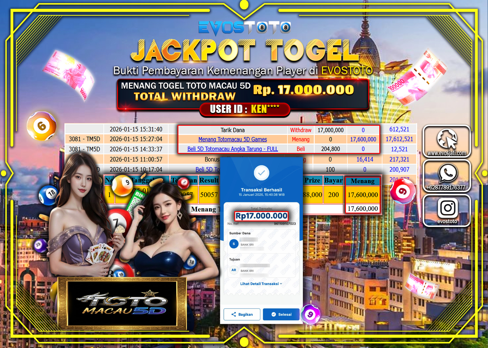 PEMBAYARAN JACKPOT TOGEL TOTO MACAU 5D Rp.17.000.000 DI BAYAR LANGSUNG !