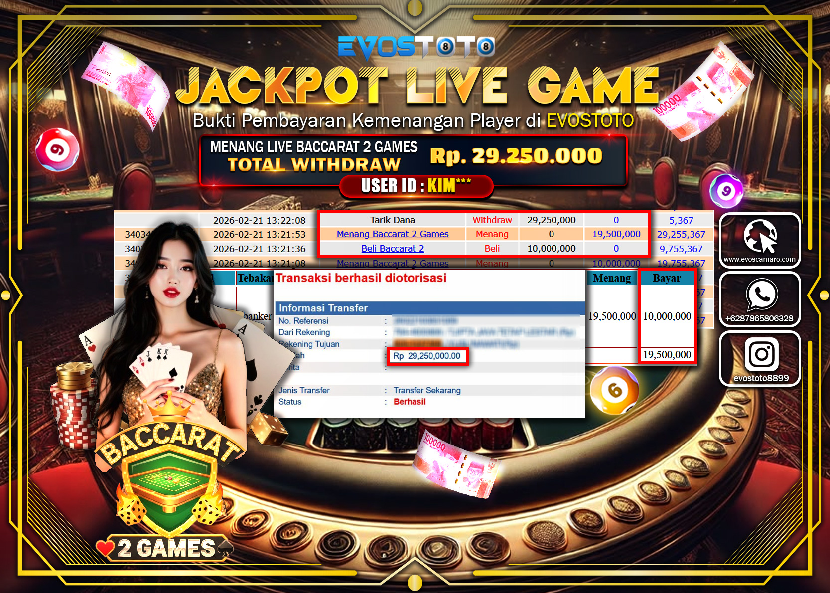 PEMBAYARAN JACKPOT LIVE GAME BACCARAT 2 GAMES Rp.29.250.000 DI BAYAR LANGSUNG !