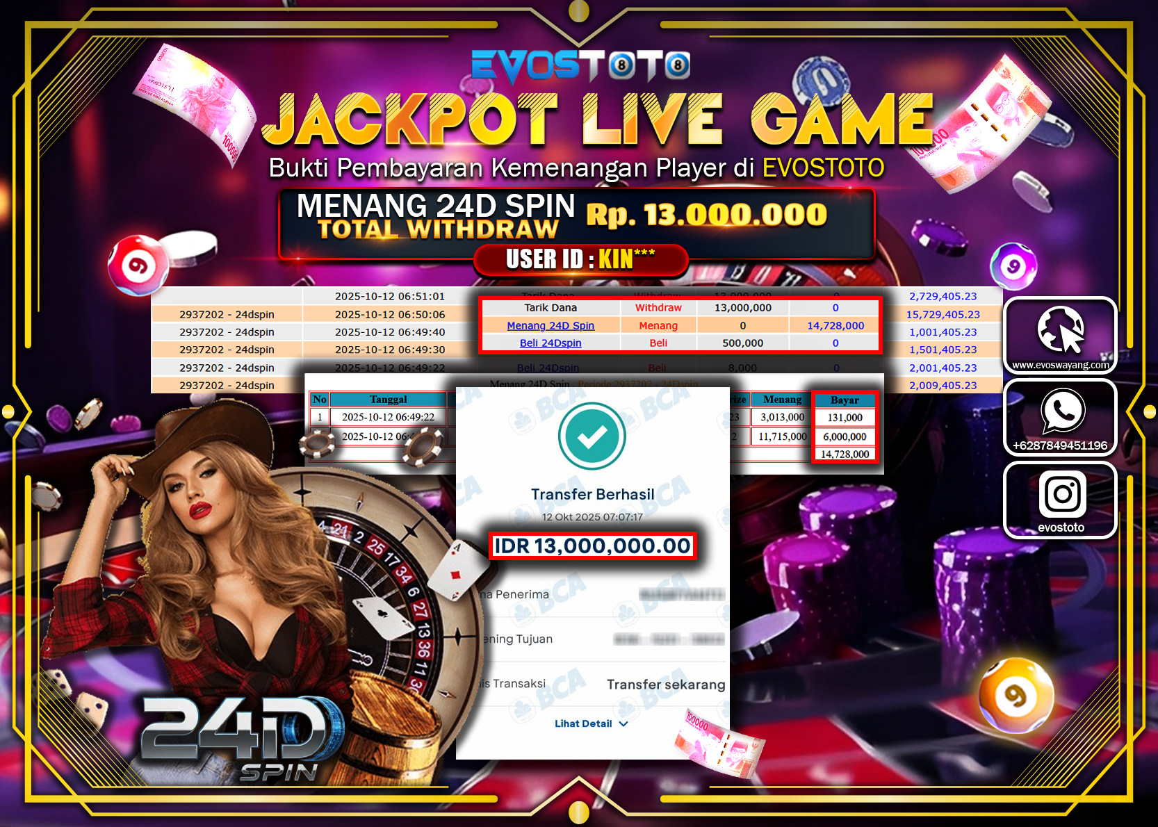 PEMBAYARAN JACKPOT LIVE GAME 24D SPIN Rp13.000.000 DI BAYAR LANGSUNG !
