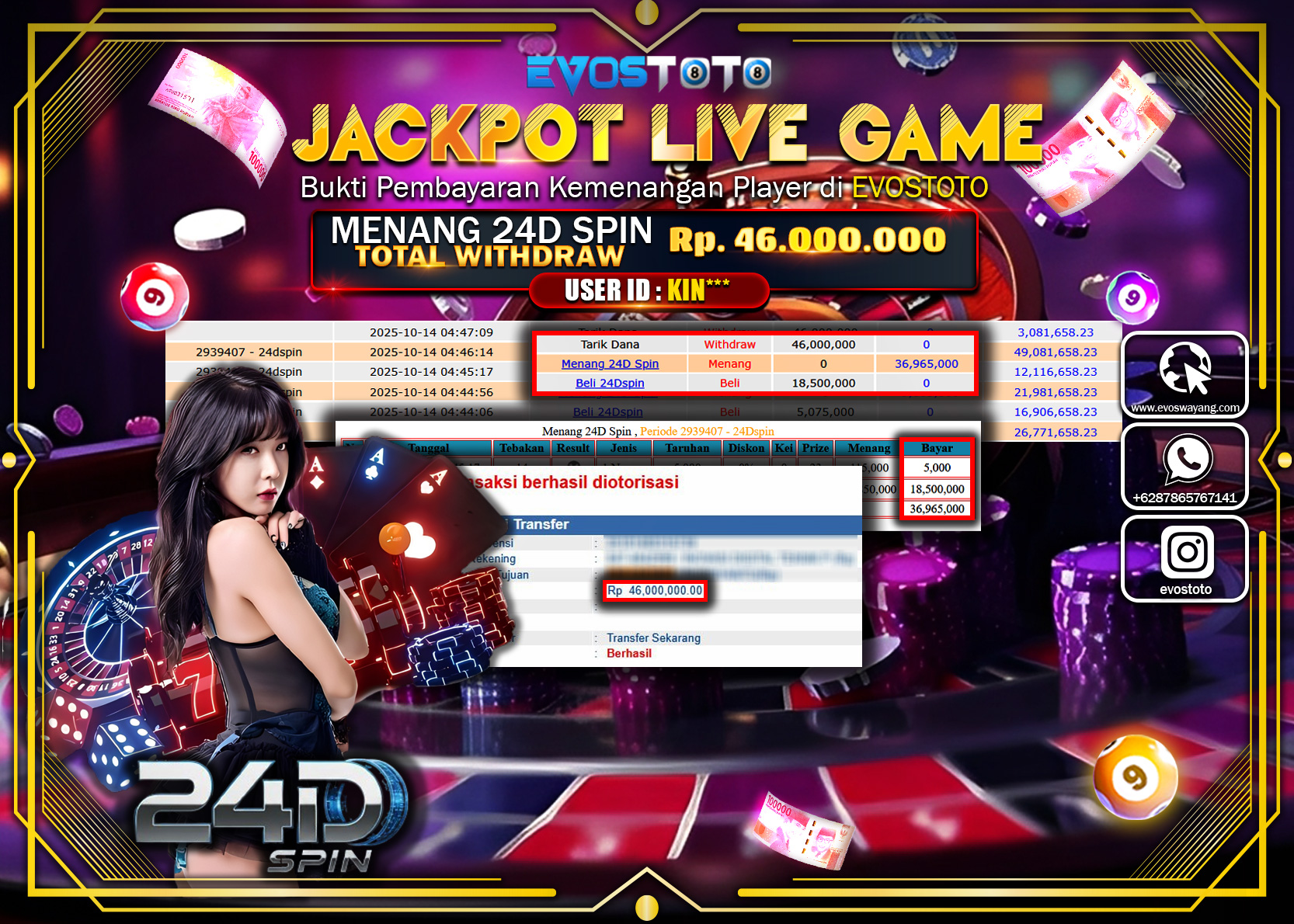 PEMBAYARAN JACKPOT LIVE GAME 24D SPIN Rp46.000.000 DI BAYAR LANGSUNG !