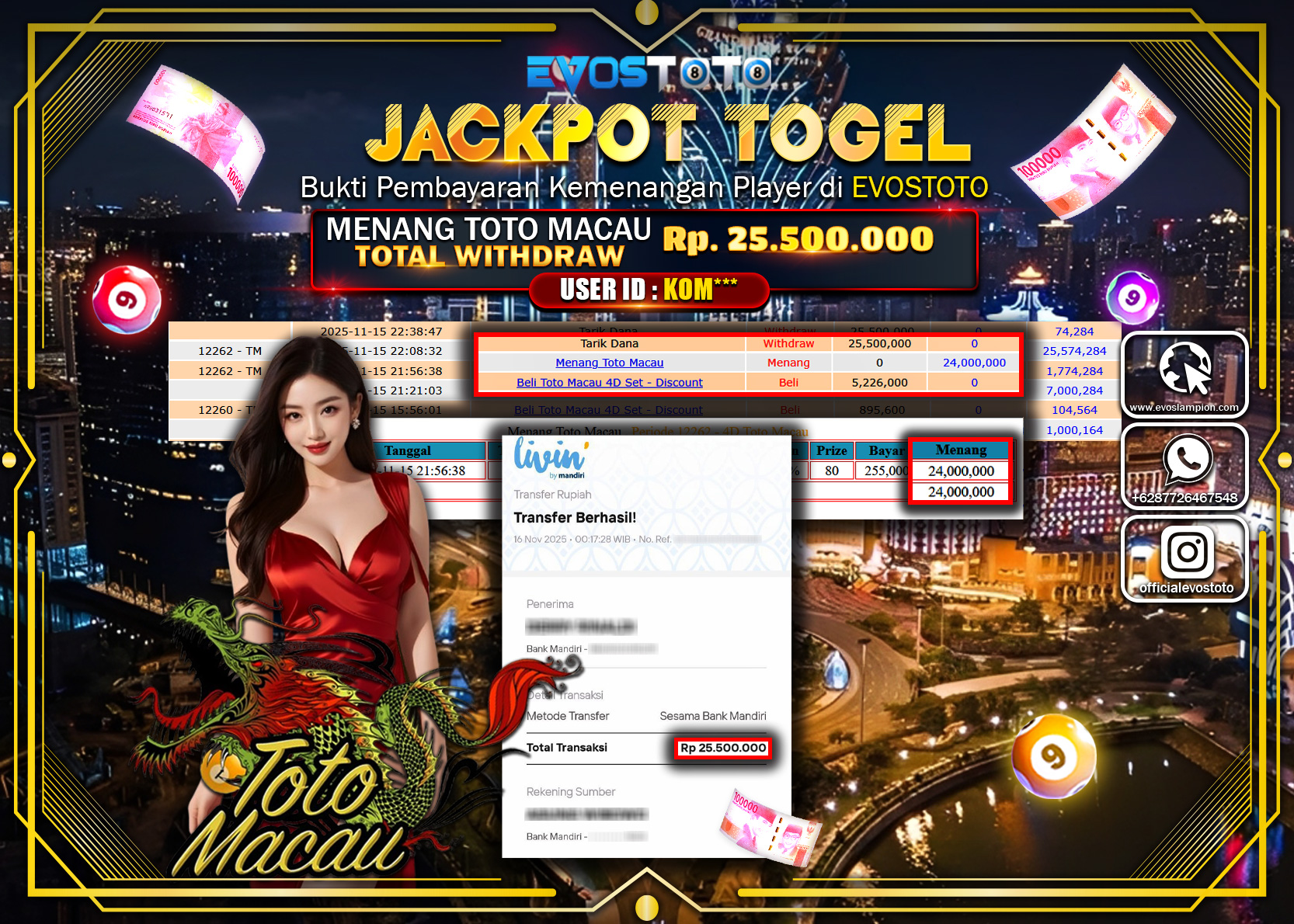 PEMBAYARAN JACKPOT TOGEL TOTO MACAU Rp25.500.000 DI BAYAR LANGSUNG !