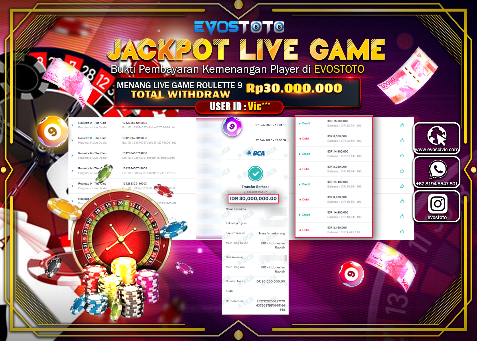 PEMBAYARAN JACKPOT LIVE GAME ROULETTE 9 Rp.30.000.000 DI BAYAR LANGSUNG !