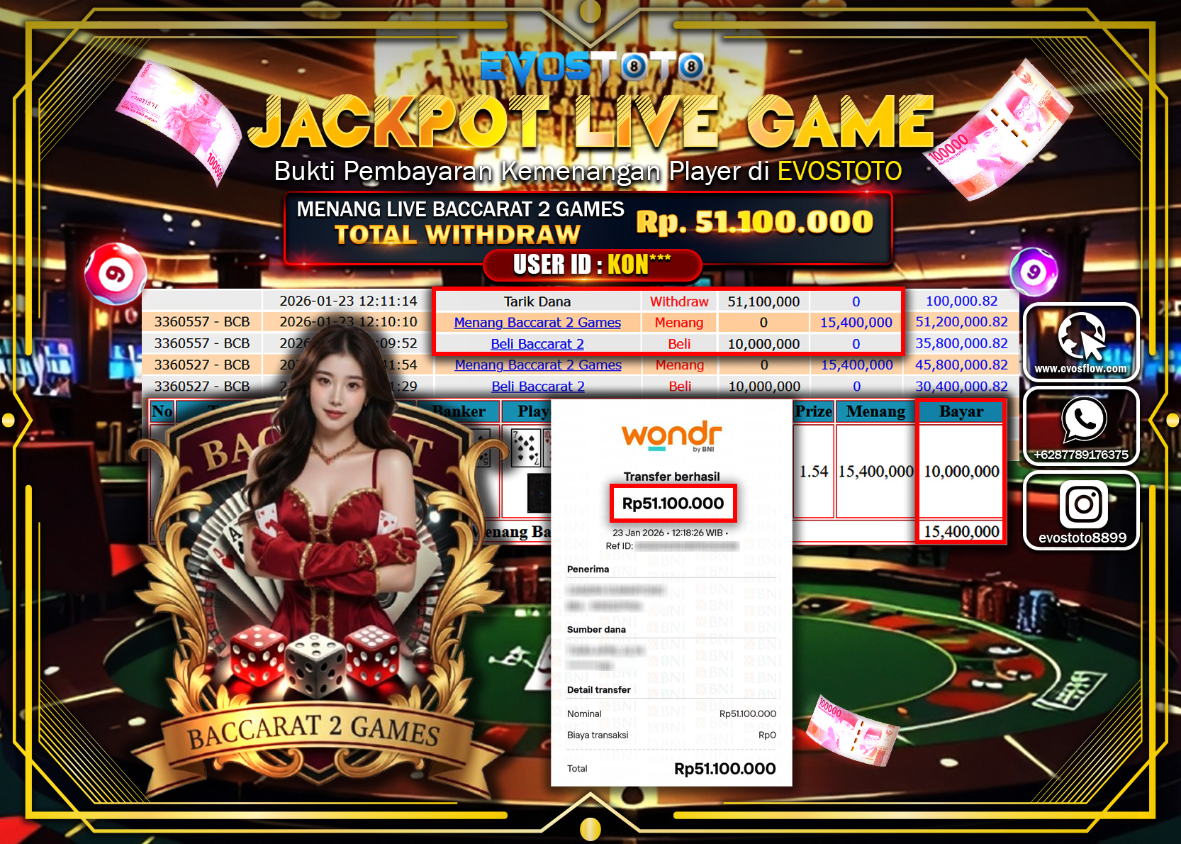 PEMBAYARAN JACKPOT LIVE BACCARAT 2 GAMES Rp.51.100.000 DI BAYAR LANGSUNG !