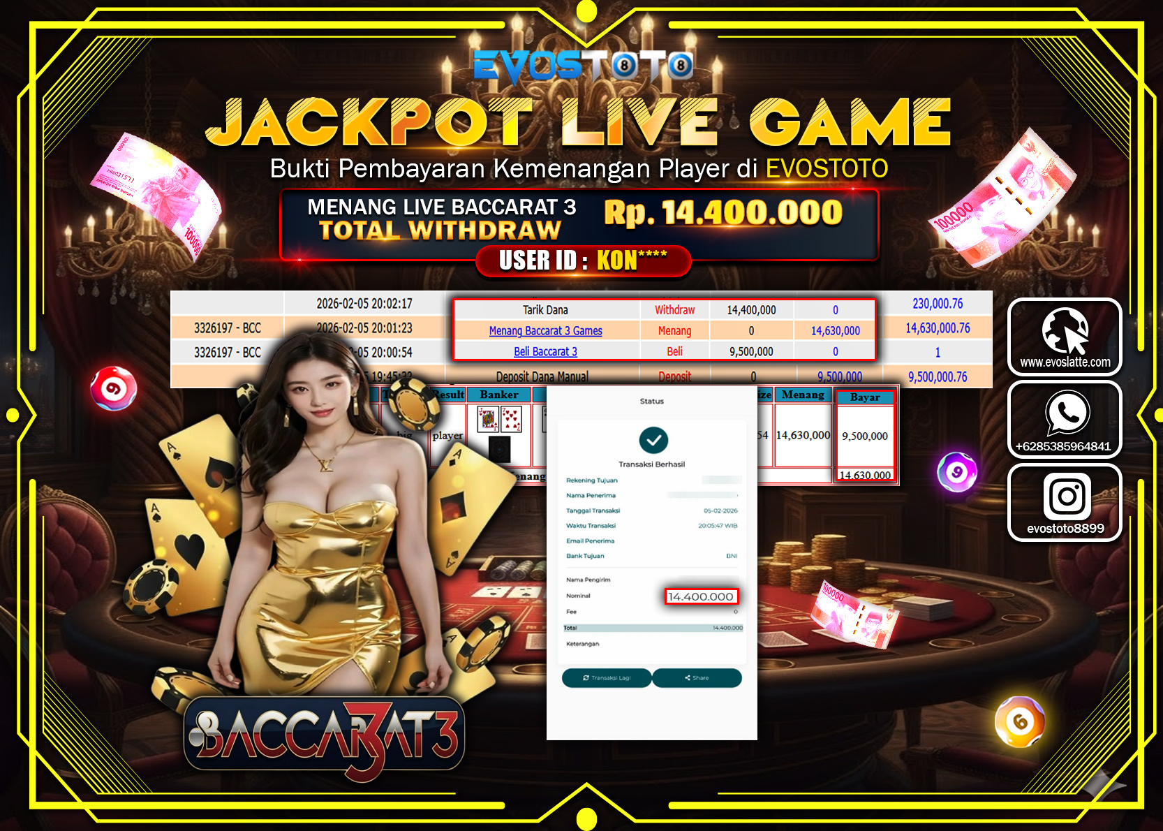 PEMBAYARAN JACKPOT LIVE GAME BACCARAT 3 GAMES Rp.14.400.000 DI BAYAR LANGSUNG !
